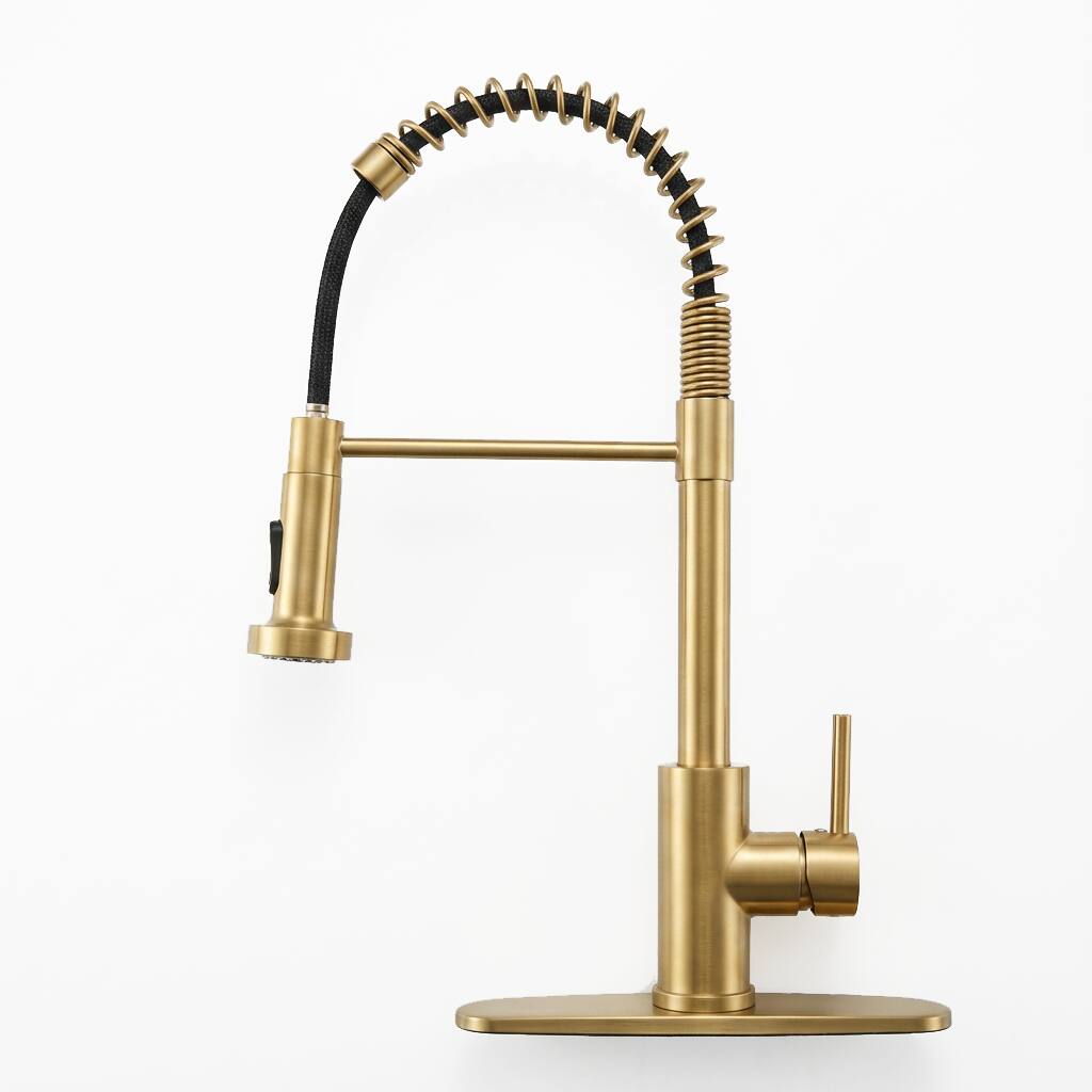 Angle. Siljoy - Kitchen Faucet with Pull Down Sprayer Industrial 1 Handle 1 Hole Or 3 Hole Faucet Stainless Steel Brushed Gold - Brushed Gold.