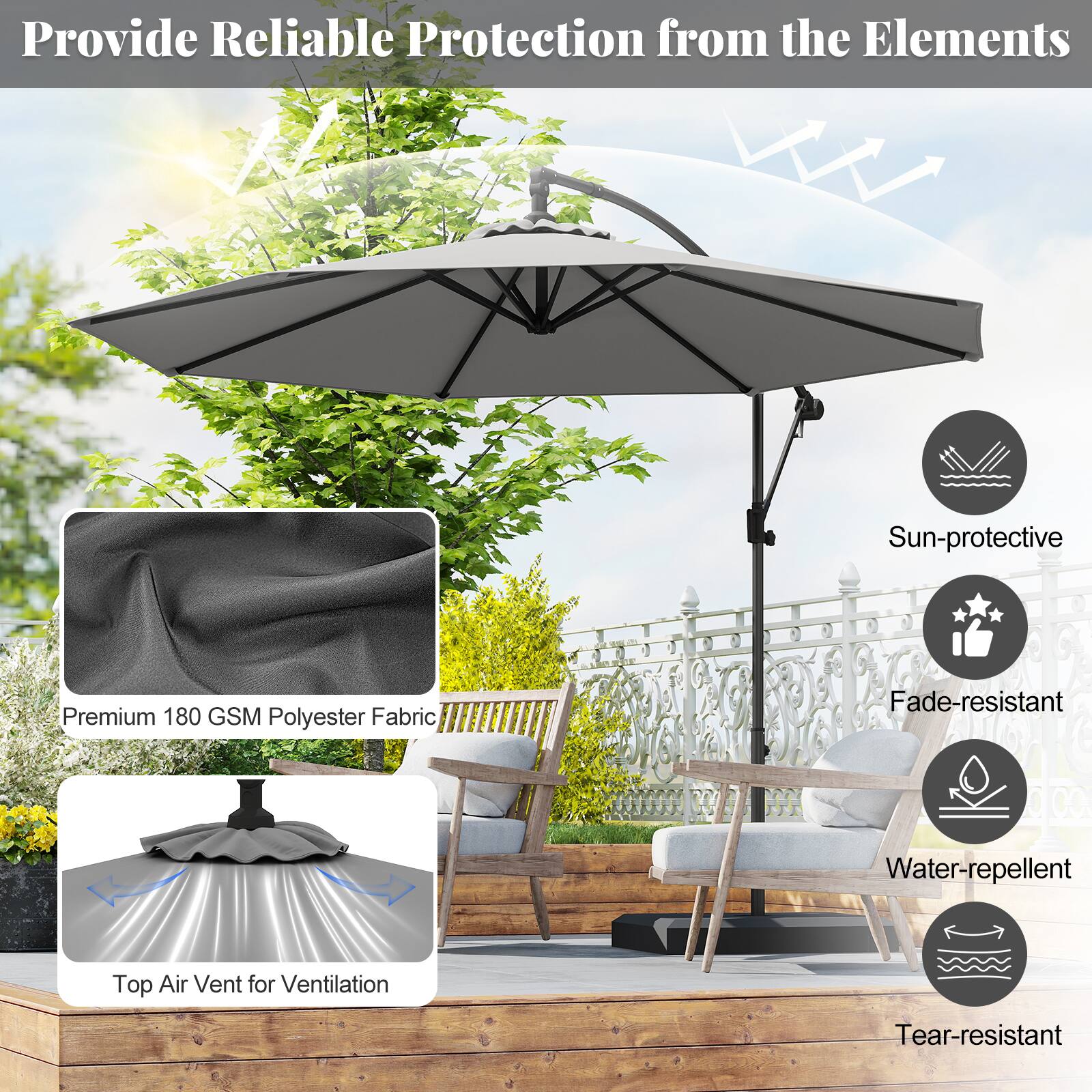 Provide Reliable Protection from the Elements

Sun-protective
Fade-resistant
Water-repellent
Tear-resistant
Top Air Vent for Ventilation
Premium 180 GSM Polyester Fabric