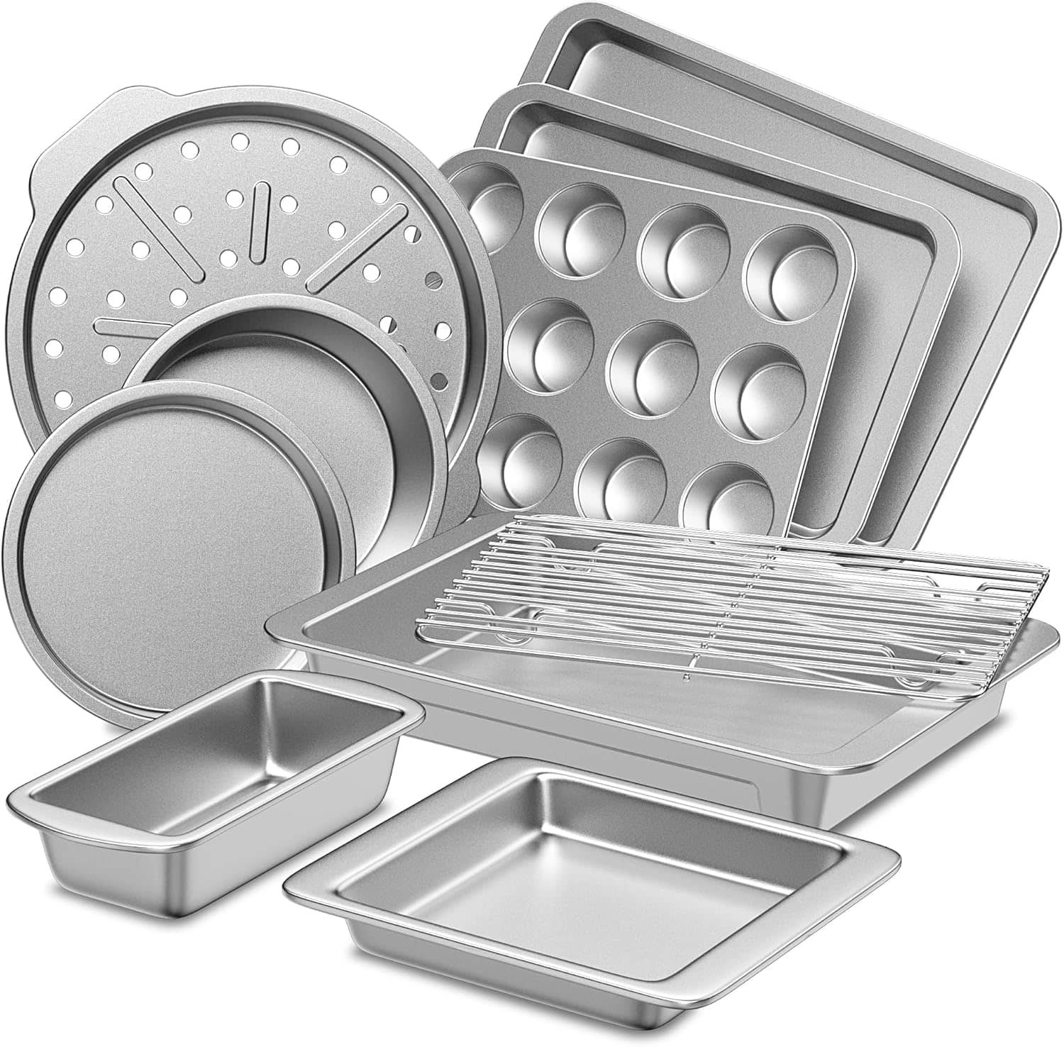HONGBAKE - 10 Pieces Bakeware Sets Including Rack, Cookie Sheet, Cake Pans, Loaf Pan, Muffin Pan, Pizza Pan - Silver