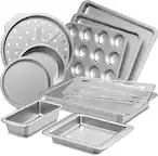 Front. HONGBAKE - 10 Pieces Bakeware Sets Including Rack, Cookie Sheet, Cake Pans, Loaf Pan, Muffin Pan, Pizza Pan - Sliver.