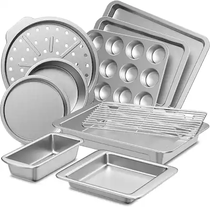 Front. HONGBAKE - 10 Pieces Bakeware Sets Including Rack, Cookie Sheet, Cake Pans, Loaf Pan, Muffin Pan, Pizza Pan - Sliver.