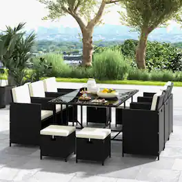 Mondawe - 11 Piece Patio Dining Set Wicker Chairs and Tempered Glass Table with Waterproof Cushions - Black & White