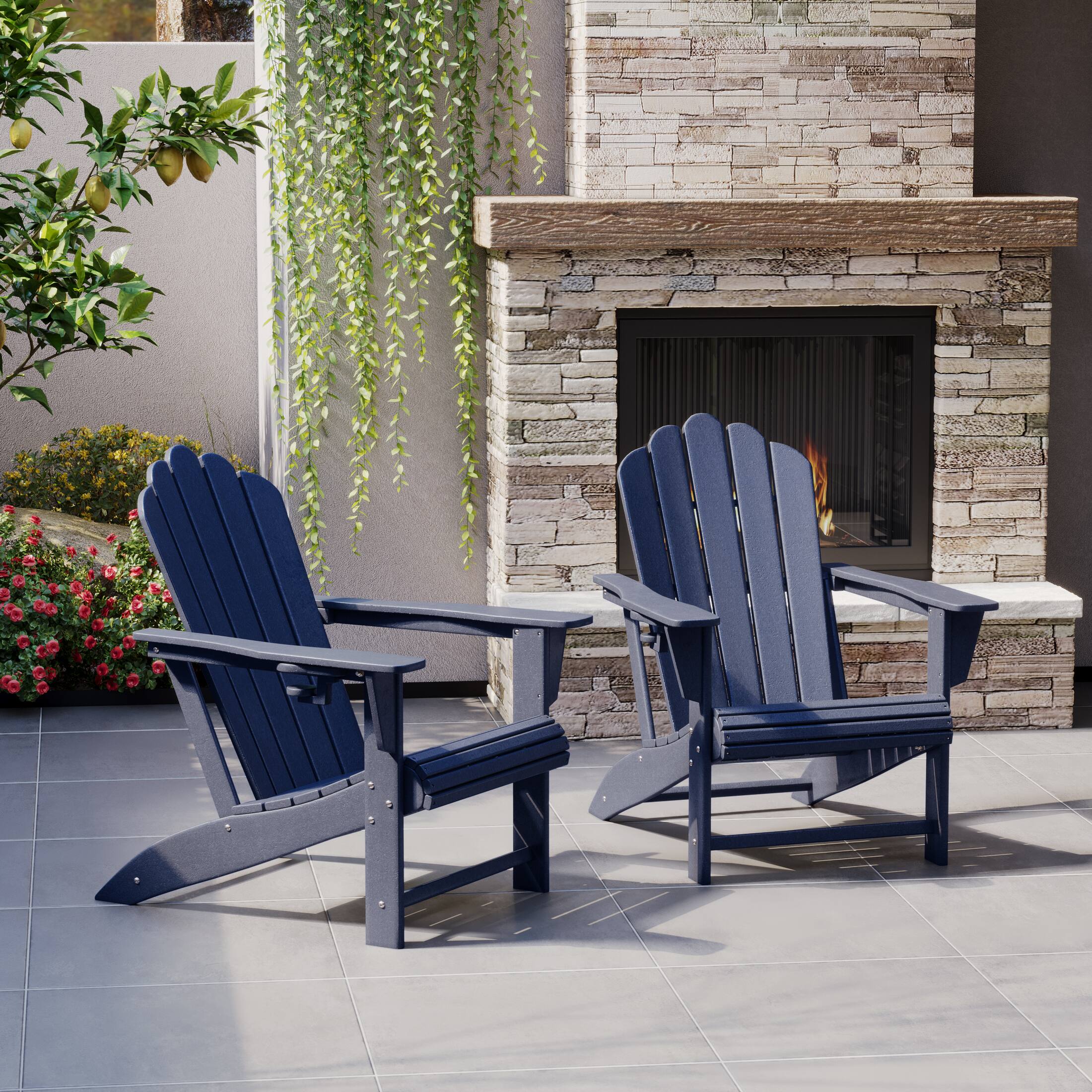 Angle. WestinTrends - WestinTrends Highland Outdoor Patio HDPE Adirondack Chairs With Cup Holders (Set of 2) - Navy Blue.