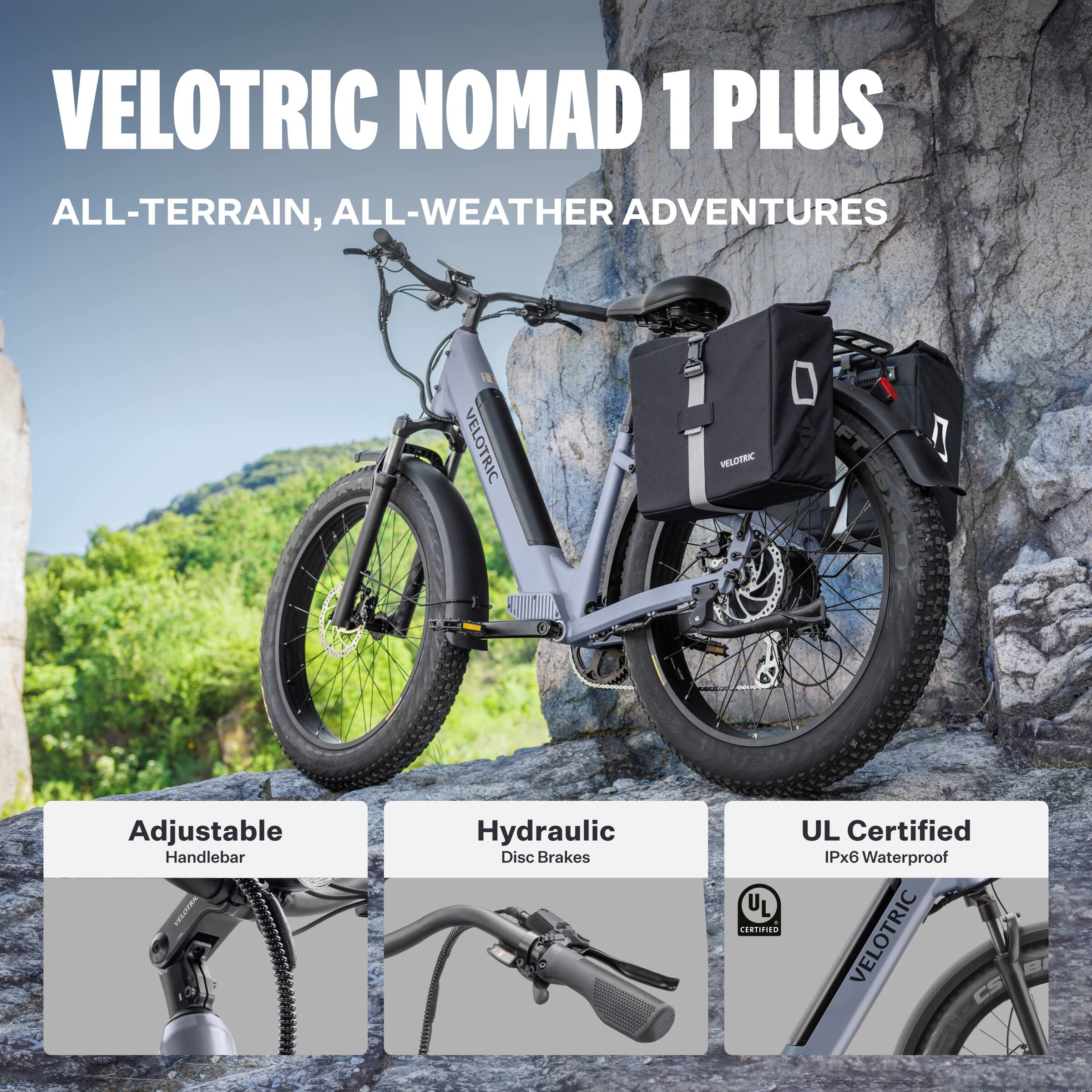 Velotric Nomad 1 Plus All-Terrain, All-Weather Adventures. Adjustable Handlebar, Hydraulic Disc Brakes, UL Certified IPx6 Waterproof, UL Certified.
