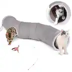 Front. Ownpets - 48" Long Collapsible Cat Tunnel with Plush Ball & Feather Toy - Grey.