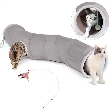 Front. Ownpets - 48" Long Collapsible Cat Tunnel with Plush Ball & Feather Toy - Grey.