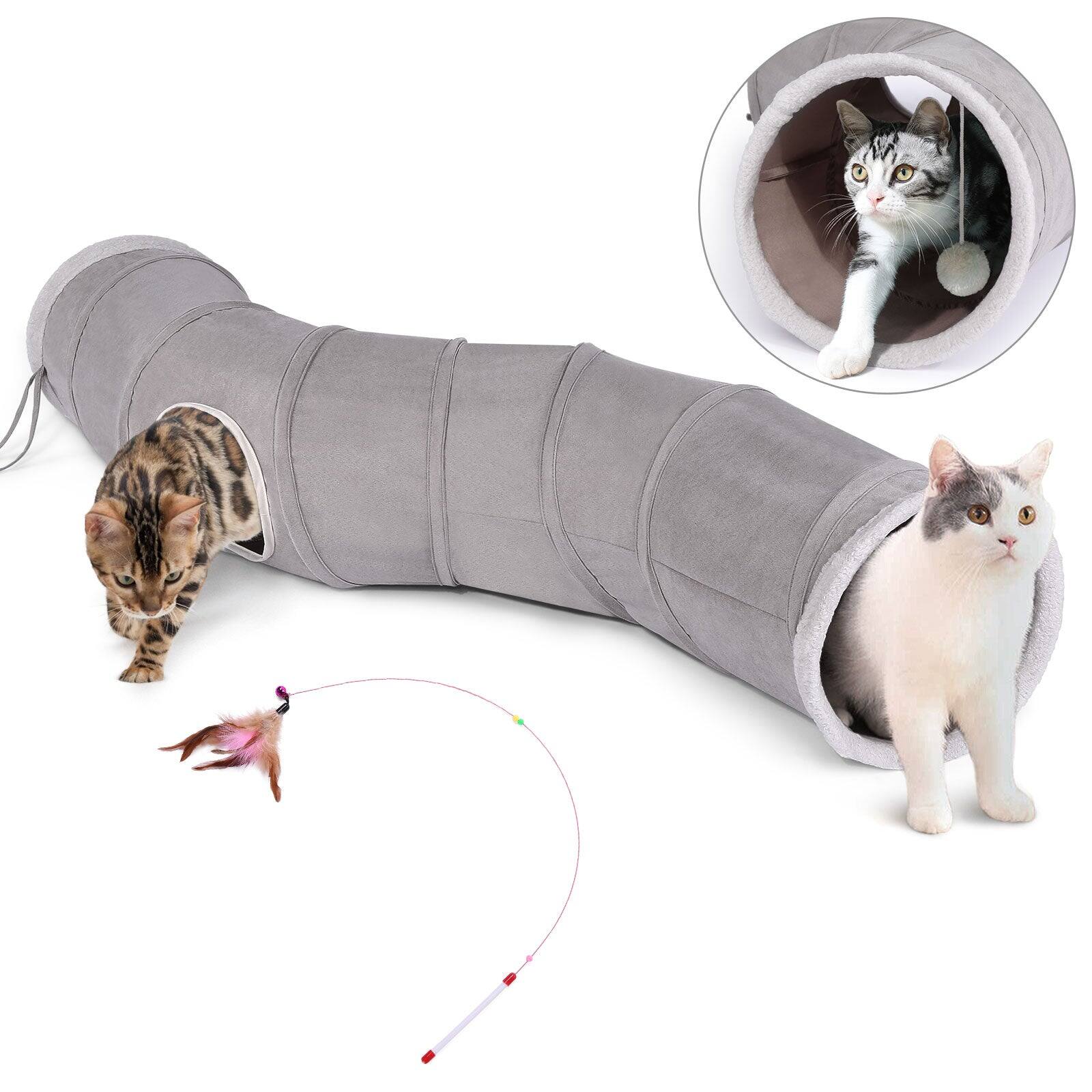 Front. Ownpets - 48" Long Collapsible Cat Tunnel with Plush Ball & Feather Toy - Grey.