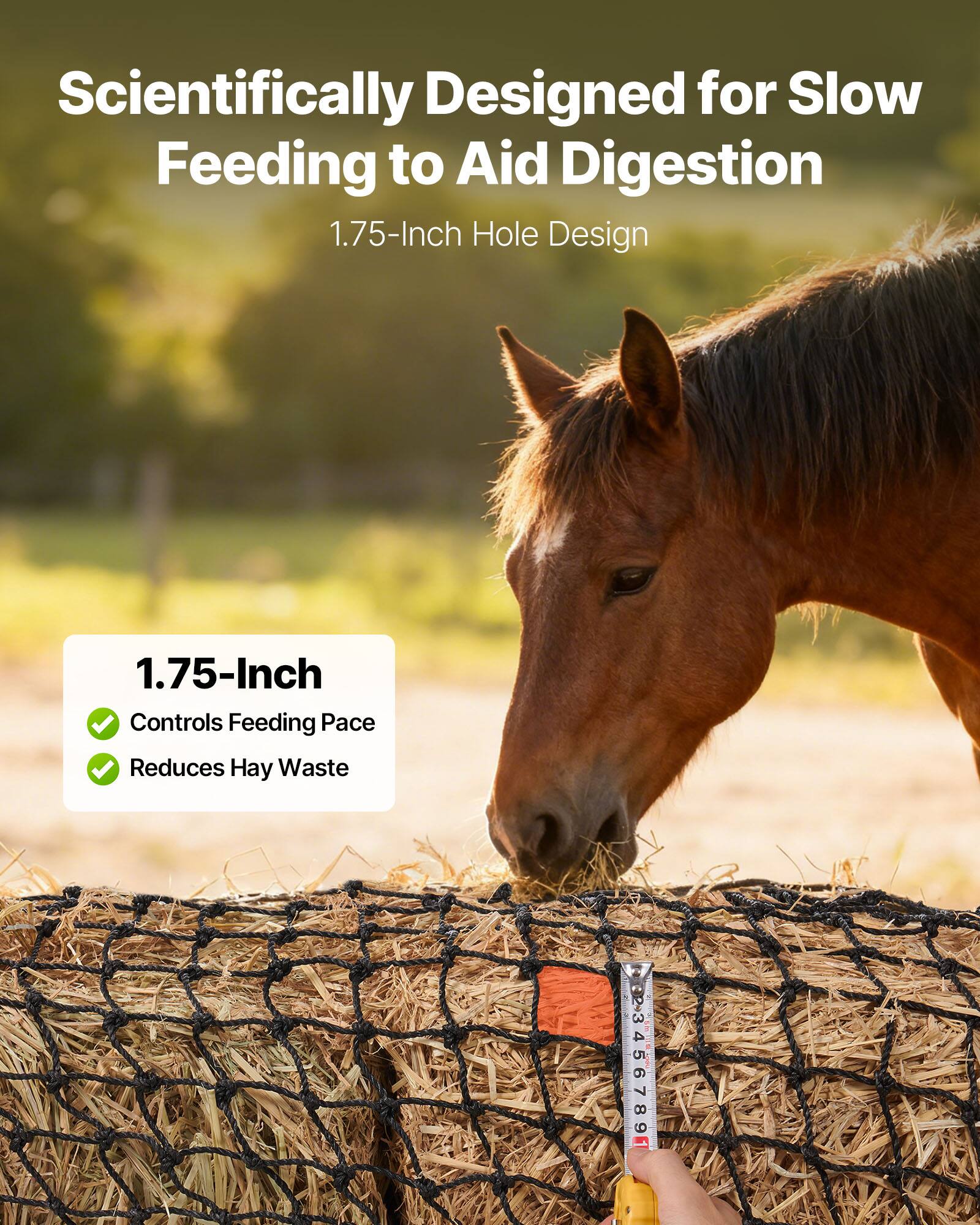 Scientifically Designed for Slow Feeding to Aid Digestion  
1.75-Inch Hole Design  

1.75-Inch  
- Controls Feeding Pace  
- Reduces Hay Waste  

P3456789