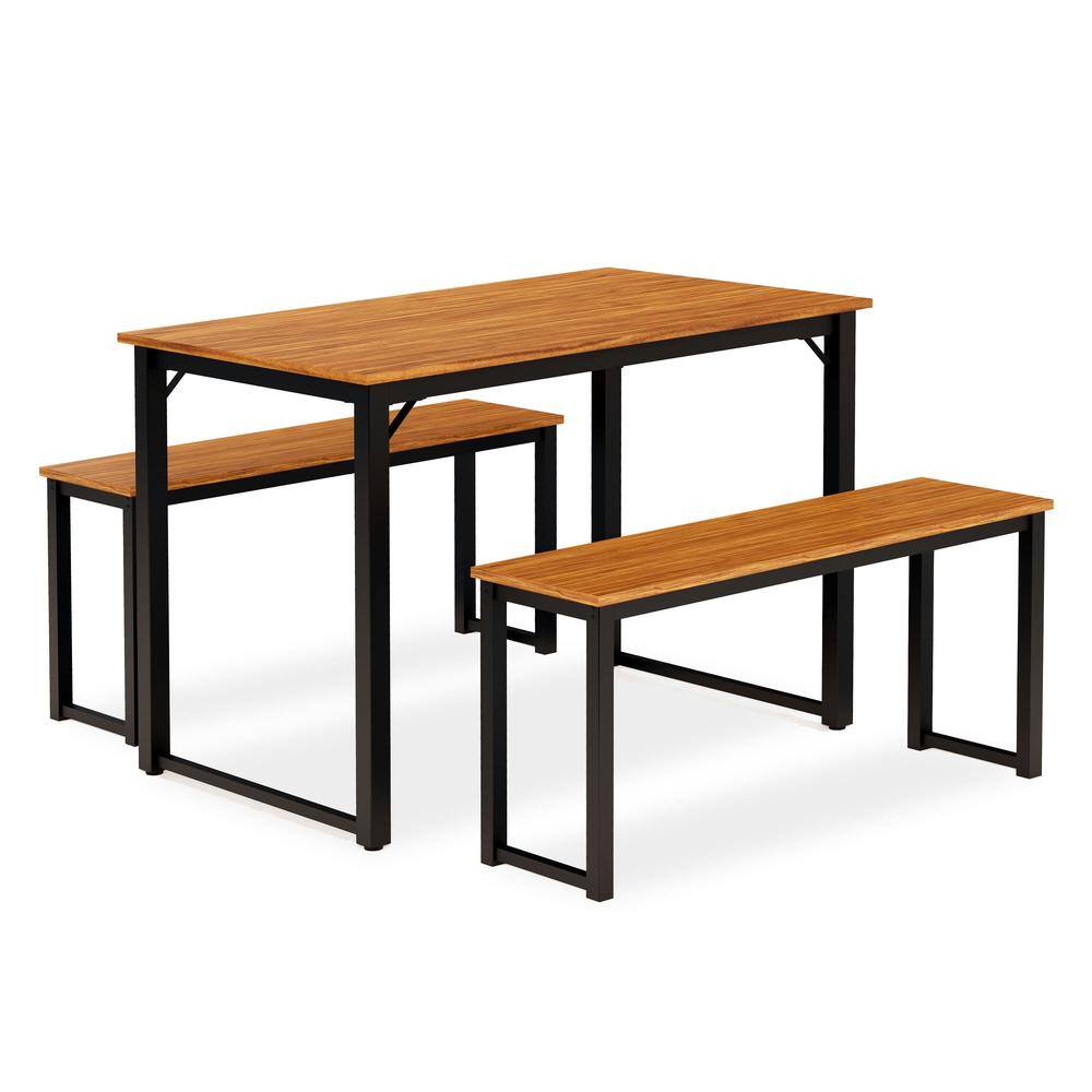 Alt View 4. East West Furniture - Parmer 3 Pc Kitchen Set - 1 Modern Dining Table and 2 Mid Century Benches in Powder Coating Black Color and Brown Wood - Brown.