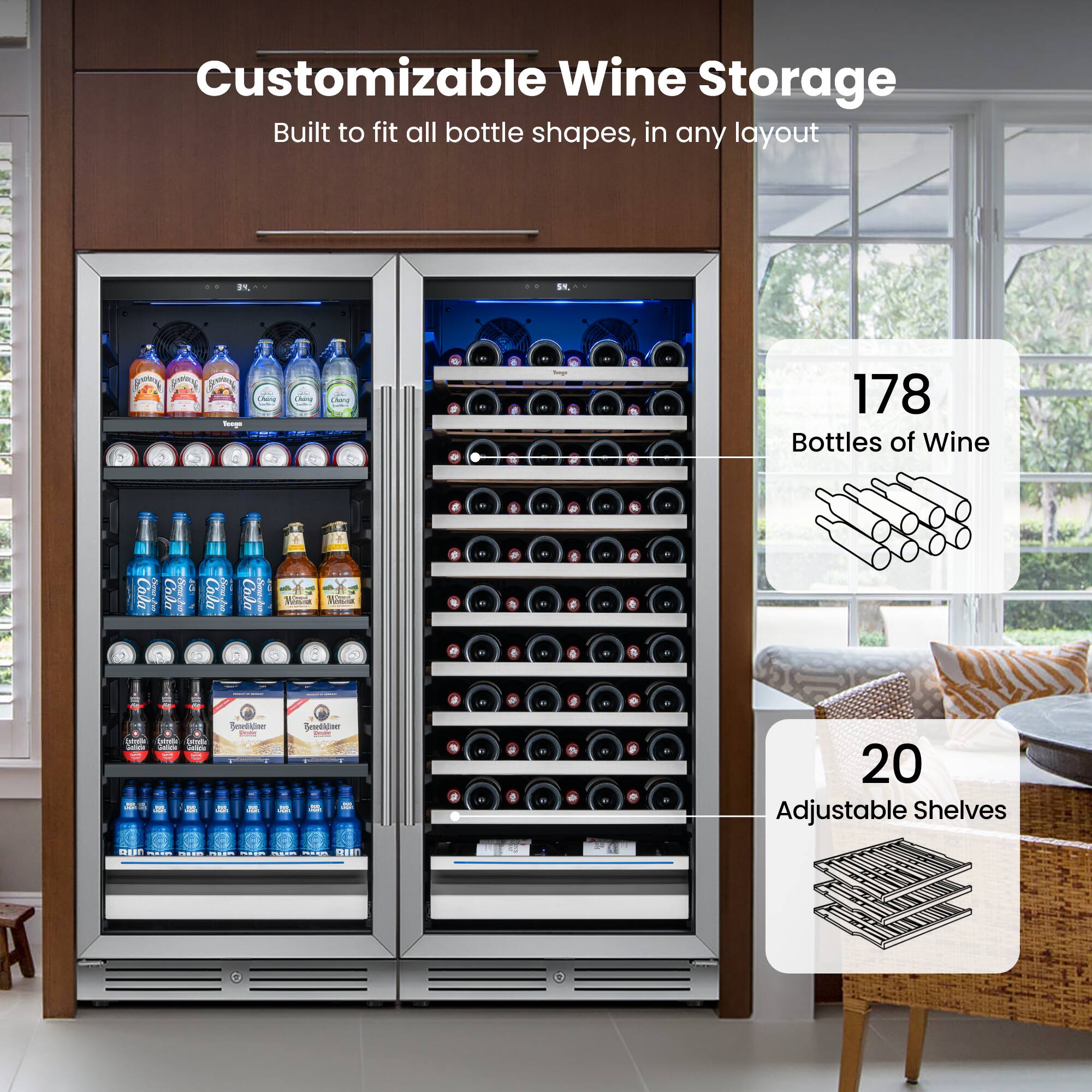Customizable Wine Storage  
Built to fit all bottle shapes, in any layout  

178 Bottles of Wine  

20 Adjustable Shelves