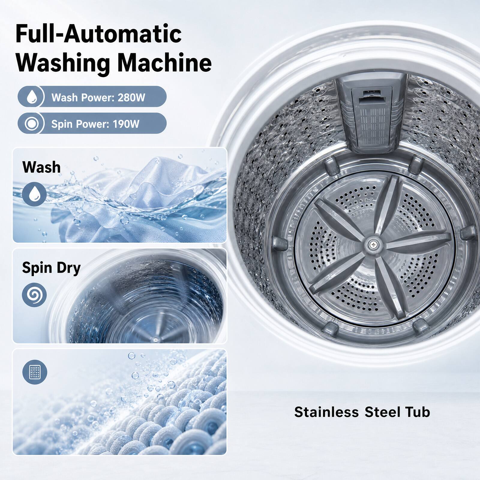 Full-Automatic Washing Machine  
Wash Power: 280W  
Spin Power: 190W  
Stainless Steel Tub