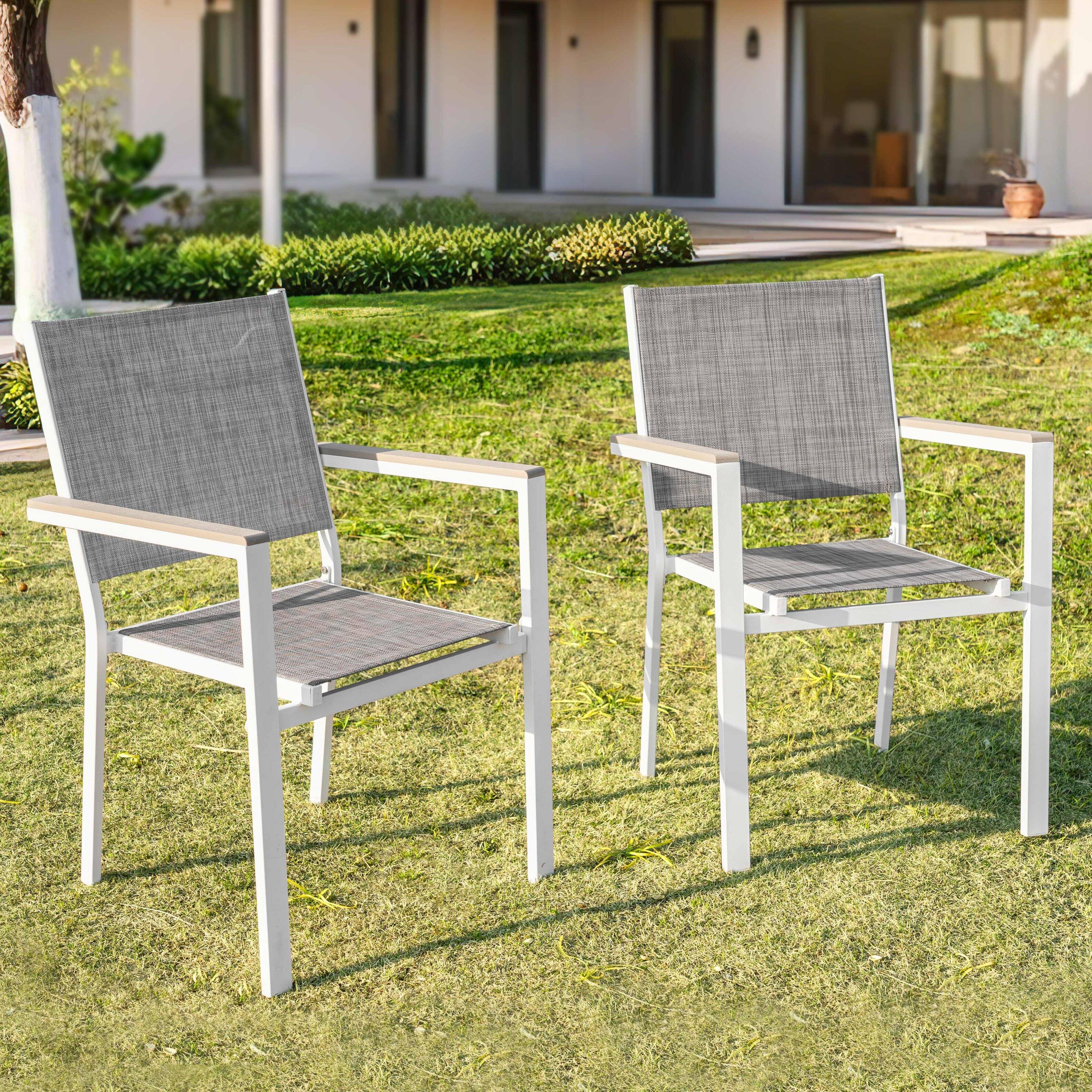 Left. Nuu Garden - Patio 2-Piece Dining Chairs, Outdoor Textilene Stackable Chairs - gray and white.