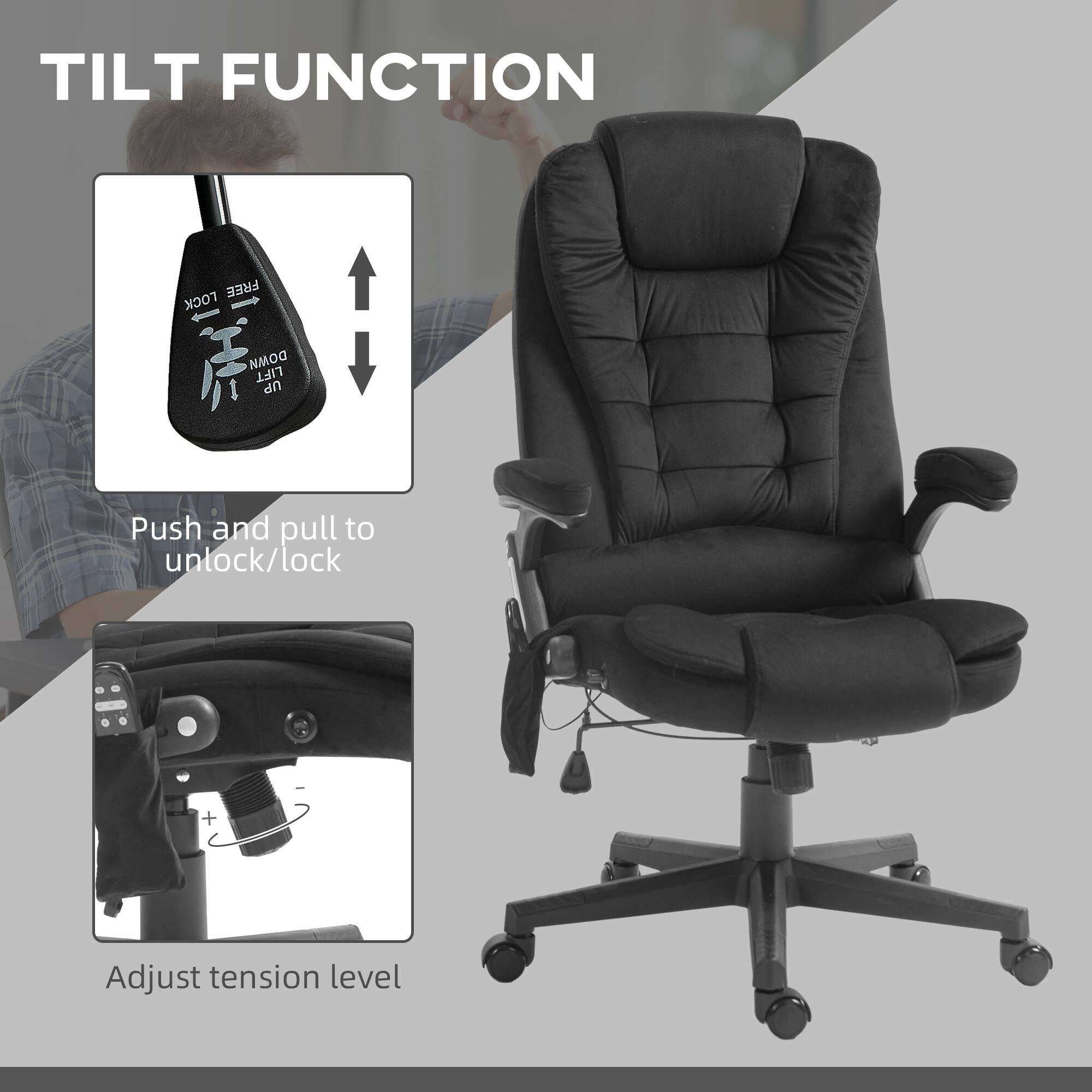 TILT FUNCTION

Push and pull to unlock/lock

Adjust tension level