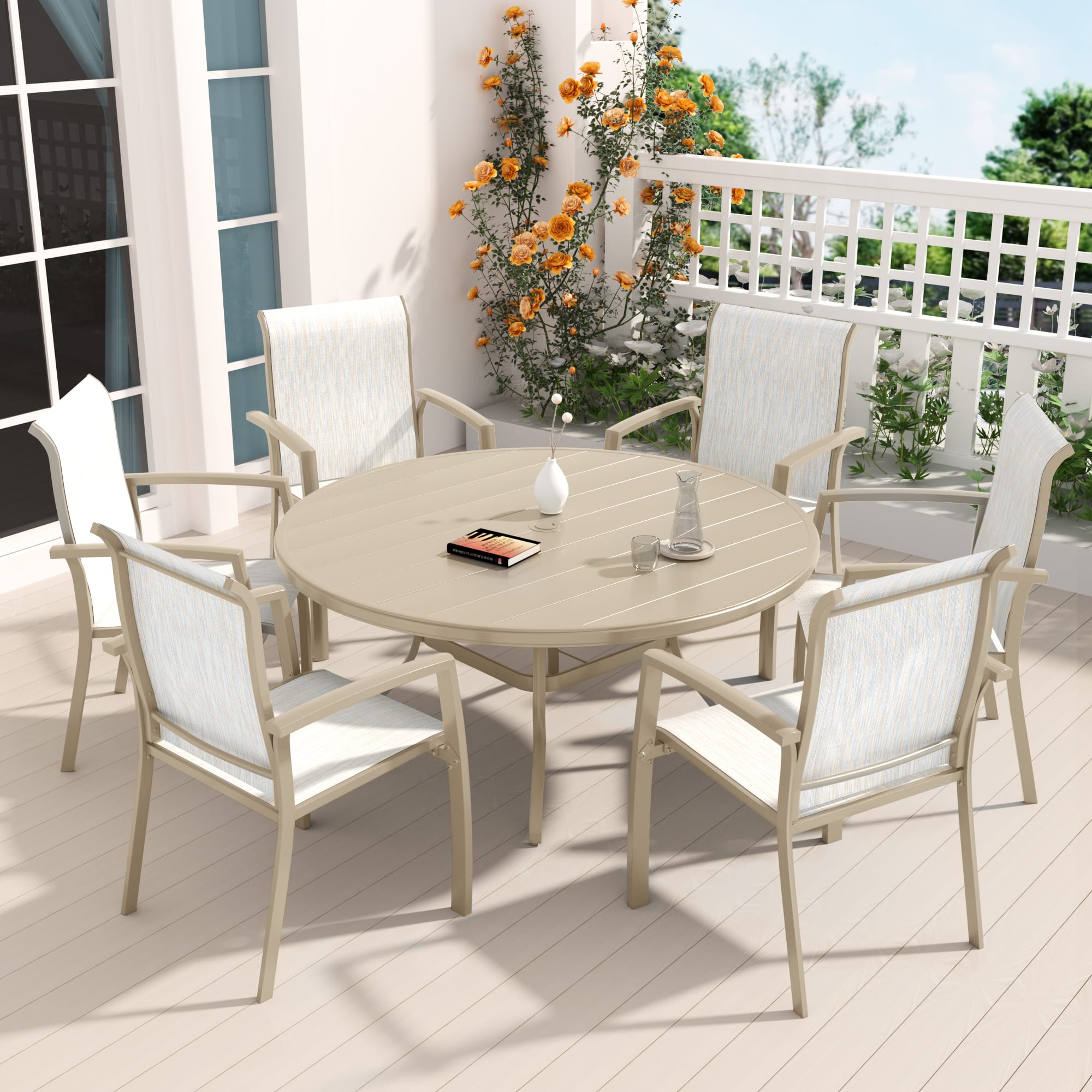 Mondawe - 7 Pieces Patio Dining Set, Set of 6 Patio Stackable Dining Chairs and 52.95" Outdoor Metal Round Table - Sandstone