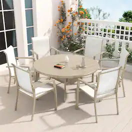 Mondawe - 7 Pieces Patio Dining Set, Set of 6 Patio Stackable Dining Chairs and 52.95" Outdoor Metal Round Table - Sandstone