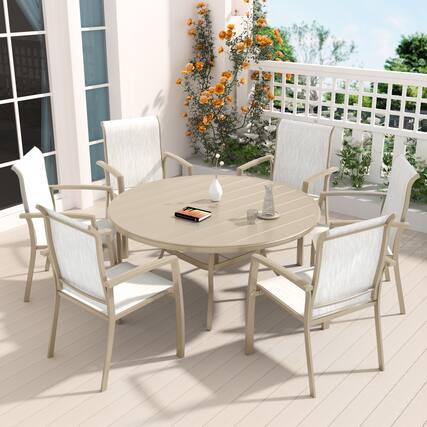 Front. Mondawe - 7 Pieces Patio Dining Set, Set of 6 Patio Stackable Dining Chairs and 52.95" Outdoor Metal Round Table - Sandstone.