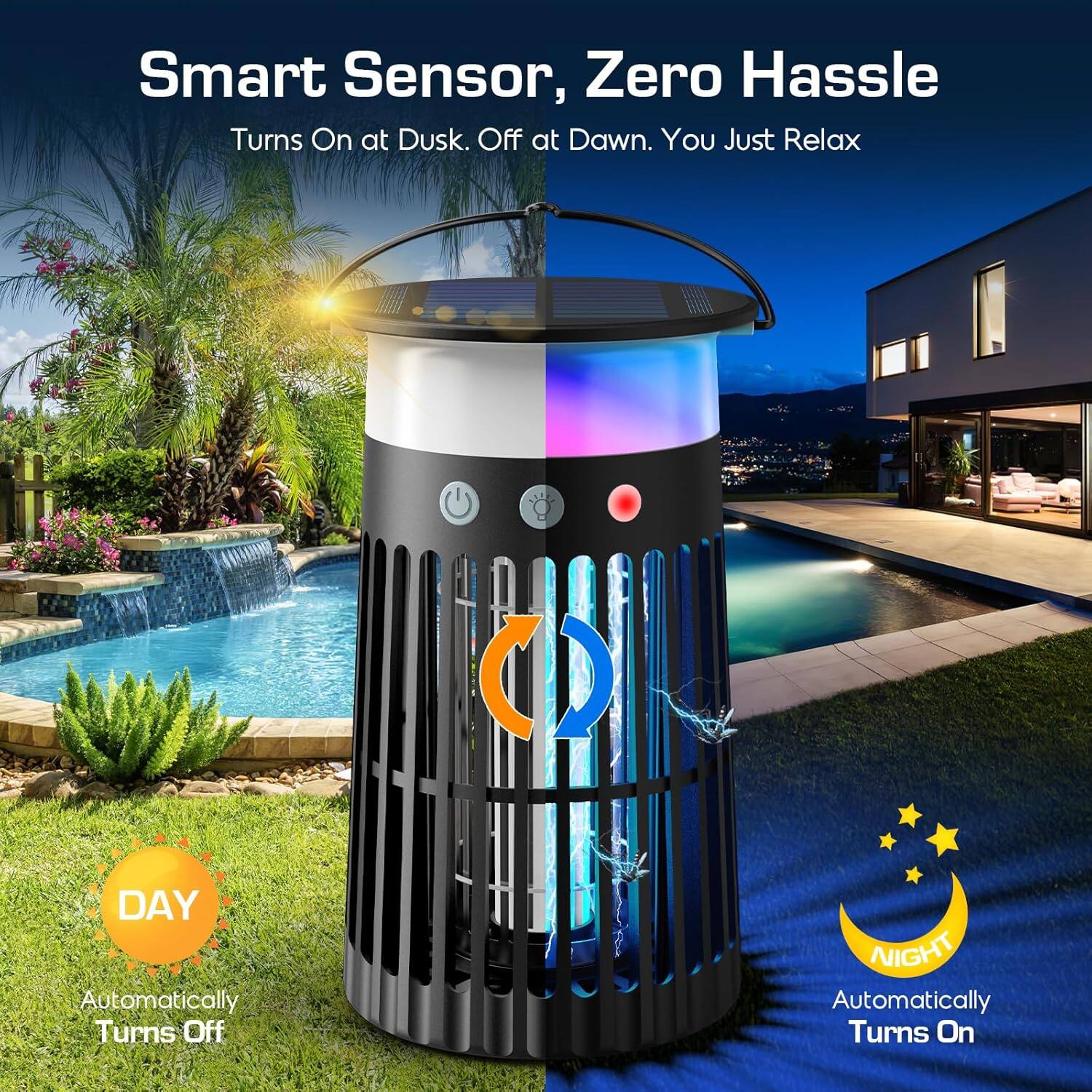 Smart Sensor, Zero Hassle  
Turns On at Dusk. Off at Dawn. You Just Relax  

DAY  
Automatically Turns Off  

NIGHT  
Automatically Turns On