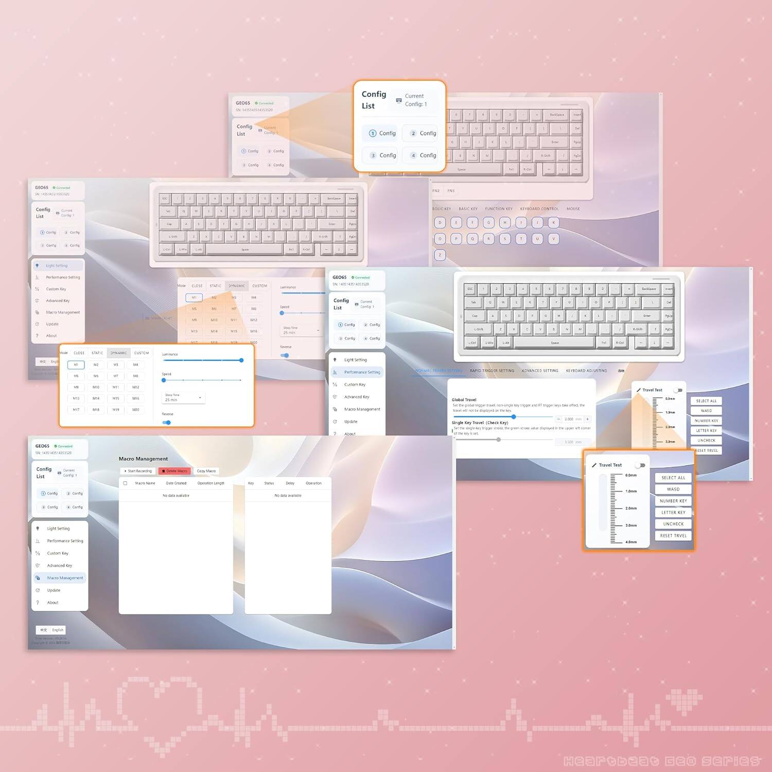 Sure, here is the corrected and grouped text from the image:

---

**Config List**
- Current: Config 1
- Config 2
- Config 3
- Config 4

**Config 1**
- General
  - Keyboard Layout: QWERTY
  - Language: English
  - Key Repeat: 200 ms
  - Delay: 500 ms
- Custom Key
  - Custom Key 1: Custom Key
  - Custom Key 2: Custom Key
  - Custom Key 3: Custom Key
- Macro Management
  - Macro 1: Macro 1
  - Macro 2: Macro 2
  - Macro 3: Macro 3
- Performance Settings
  - Polling Rate: 1000 Hz
  - RGB Lighting: On
- Advanced Key Management
  - Custom Key 1: Custom Key
  - Custom Key 2: Custom Key
  - Custom Key 3: Custom Key
- Update
- Add

**Config 2**
- General
  - Keyboard Layout: QWERTY
  - Language: English
  - Key Repeat: 200 ms
  - Delay