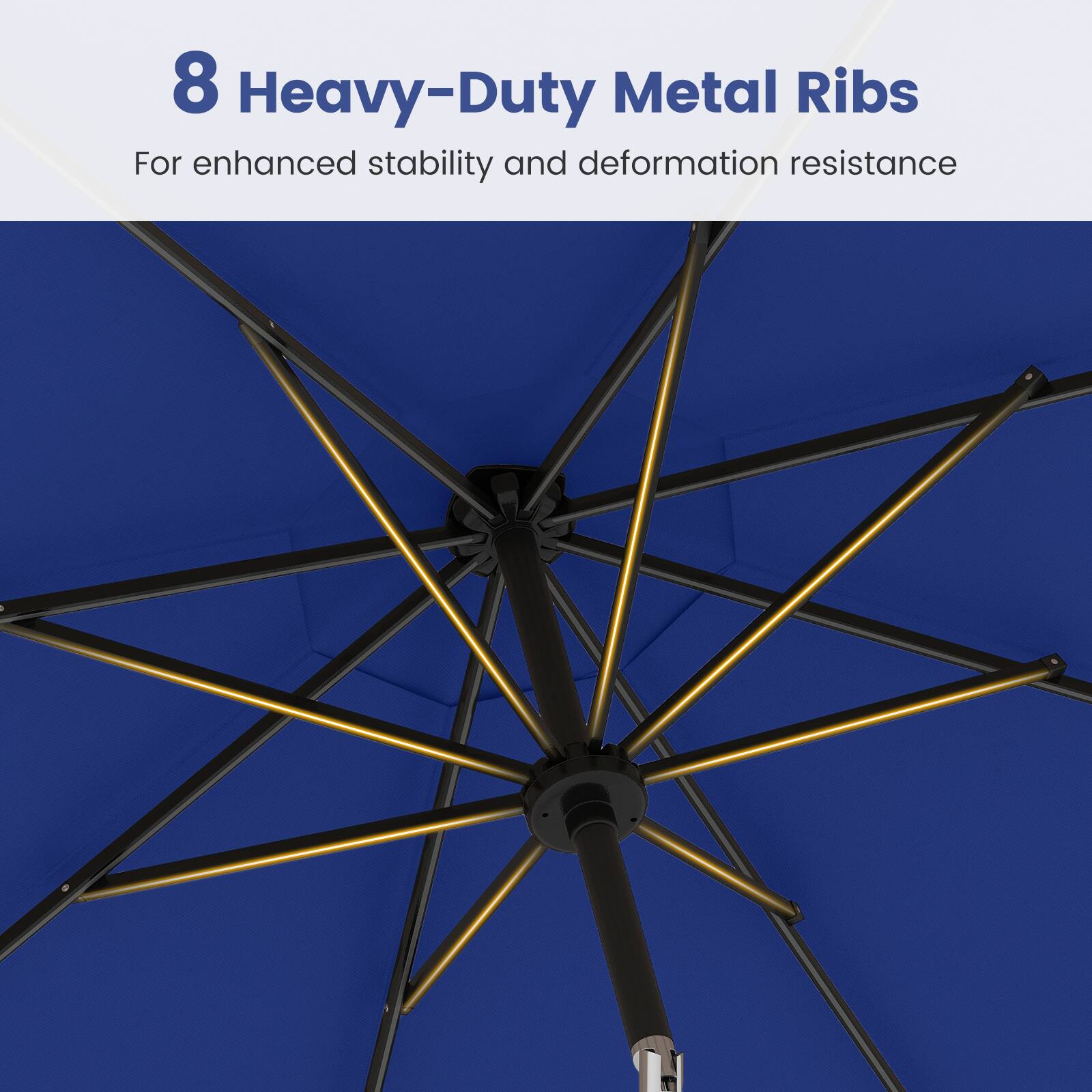8 Heavy-Duty Metal Ribs  
For enhanced stability and deformation resistance