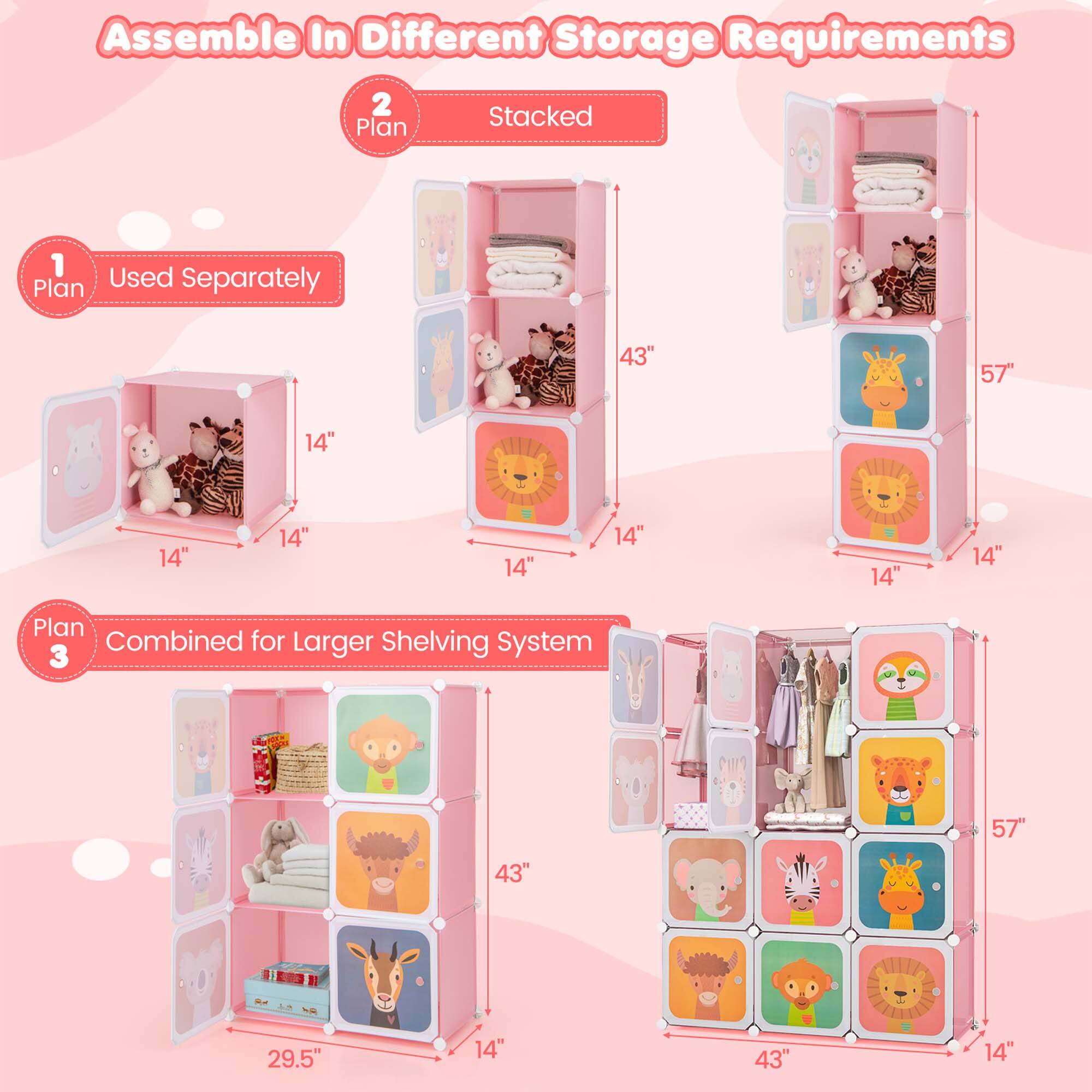 Assemble In Different Storage Requirements

1 Plan Used Separately  
14" x 14" x 14"

2 Plan Stacked  
43" x 14" x 14"  
57" x 14" x 14"

3 Plan Combined for Larger Shelving System  
43" x 29.5" x 14"  
57" x 43" x 14"