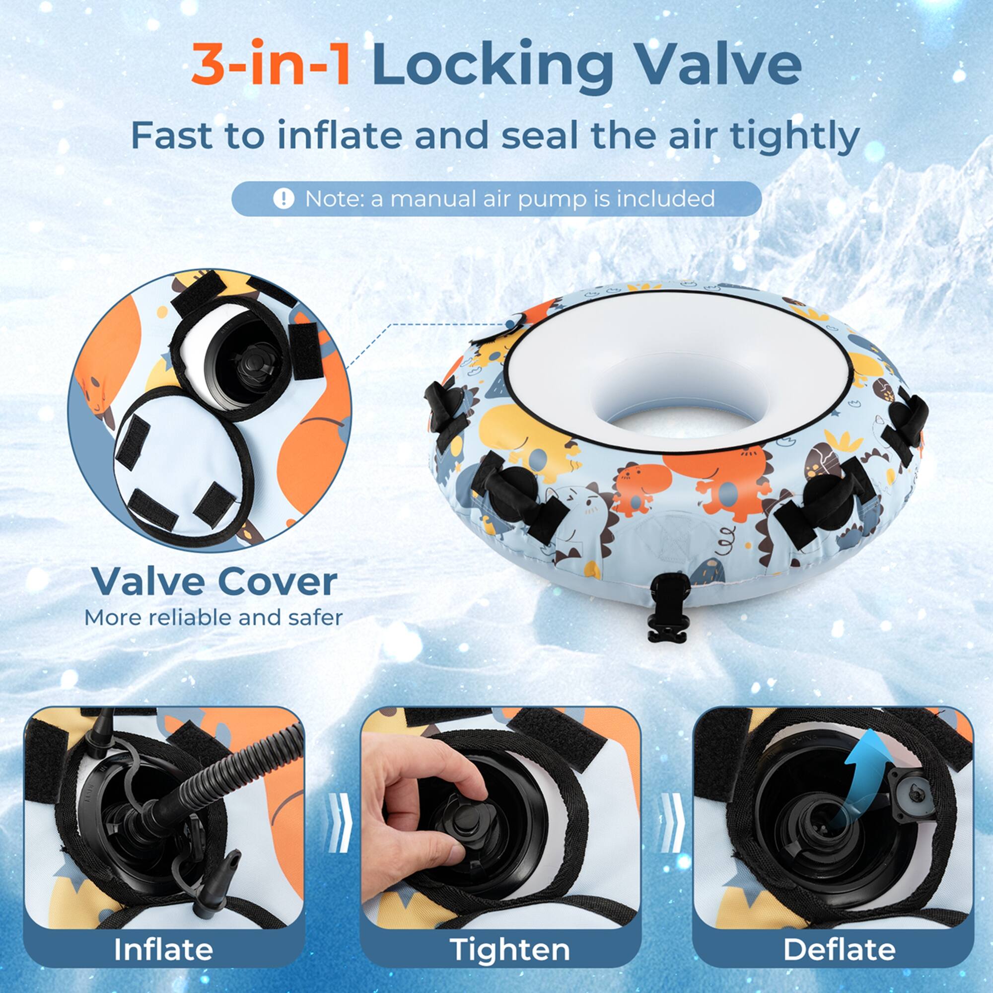 3-in-1 Locking Valve: Fast to inflate and seal the air tightly! Note: A manual air pump is included. Valve Cover: More reliable and safer. Inflate: Tighten. Deflate.