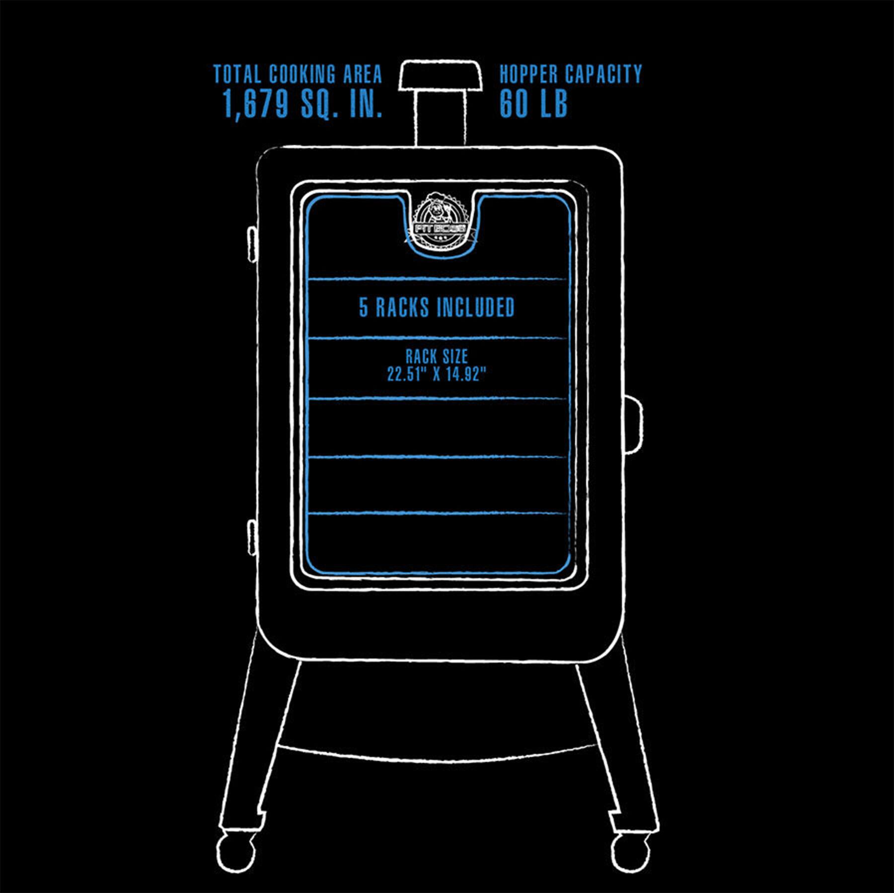 Total Cooking Area: 1,679 sq. in. Hopper Capacity: 60 lb. Fits 5 Racks Included. Rack Size: 22.51" x 14.92".