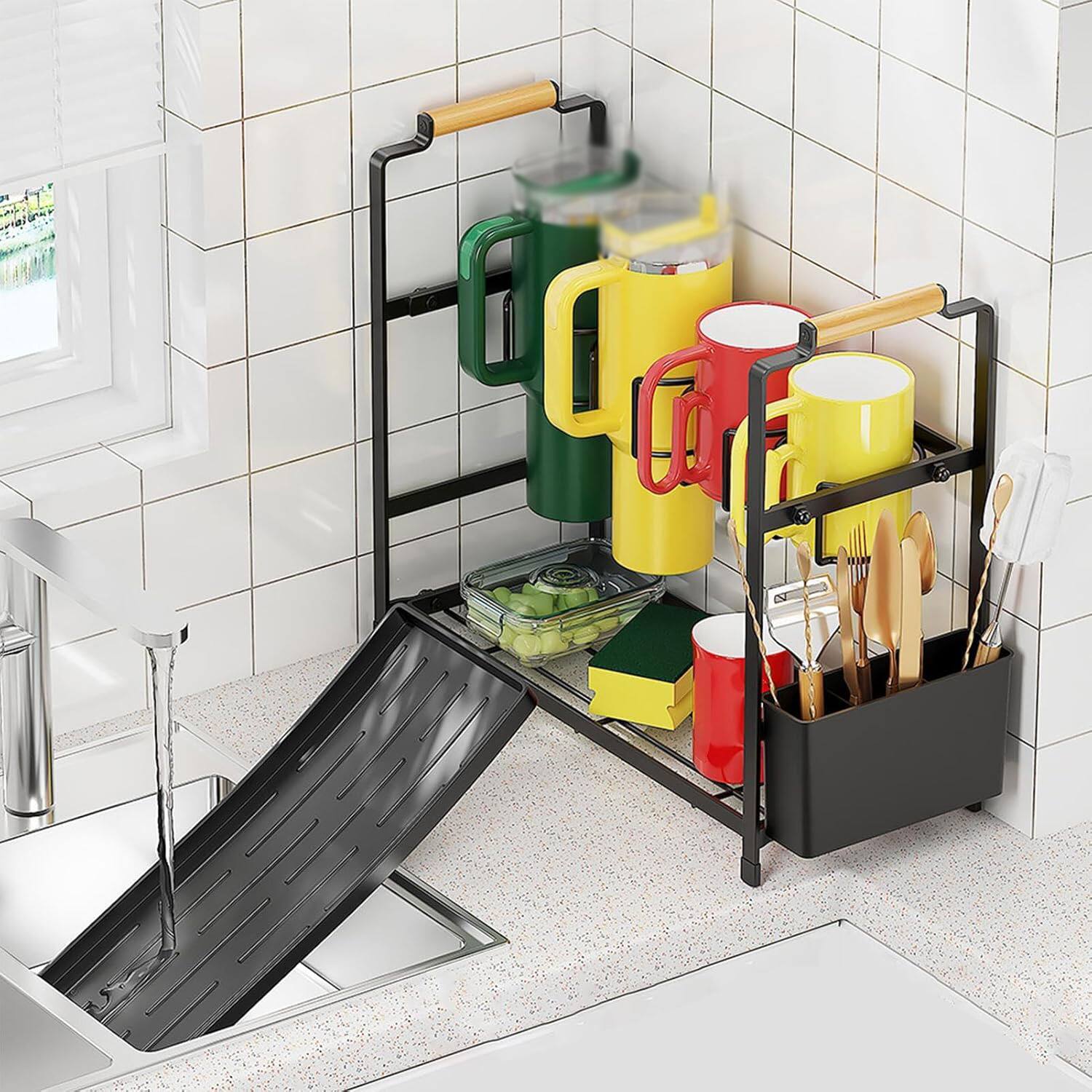 Alt View 5. GARVEE - Water Bottle Organizer, Double Layer Cup Holder, Carbon Steel Storage Rack with Tray for Small Kitchens and Countertops - Black.