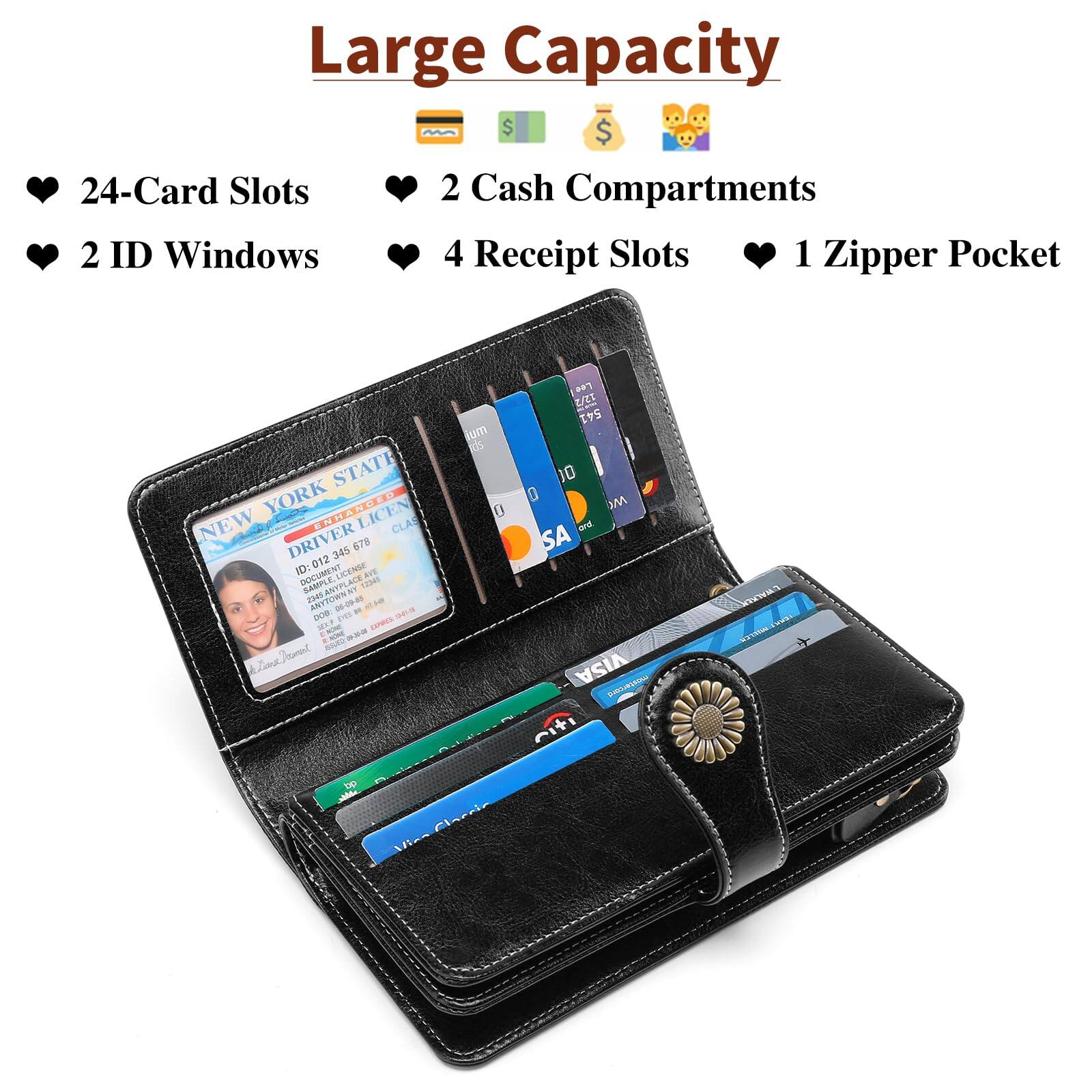 Back. Jadie Link - Wallets Women Leather Credit Card Holder Rfid Blocking Large Capacity Wristlet Large Capacity womens wallet card slots - 1-Wax-Pink.