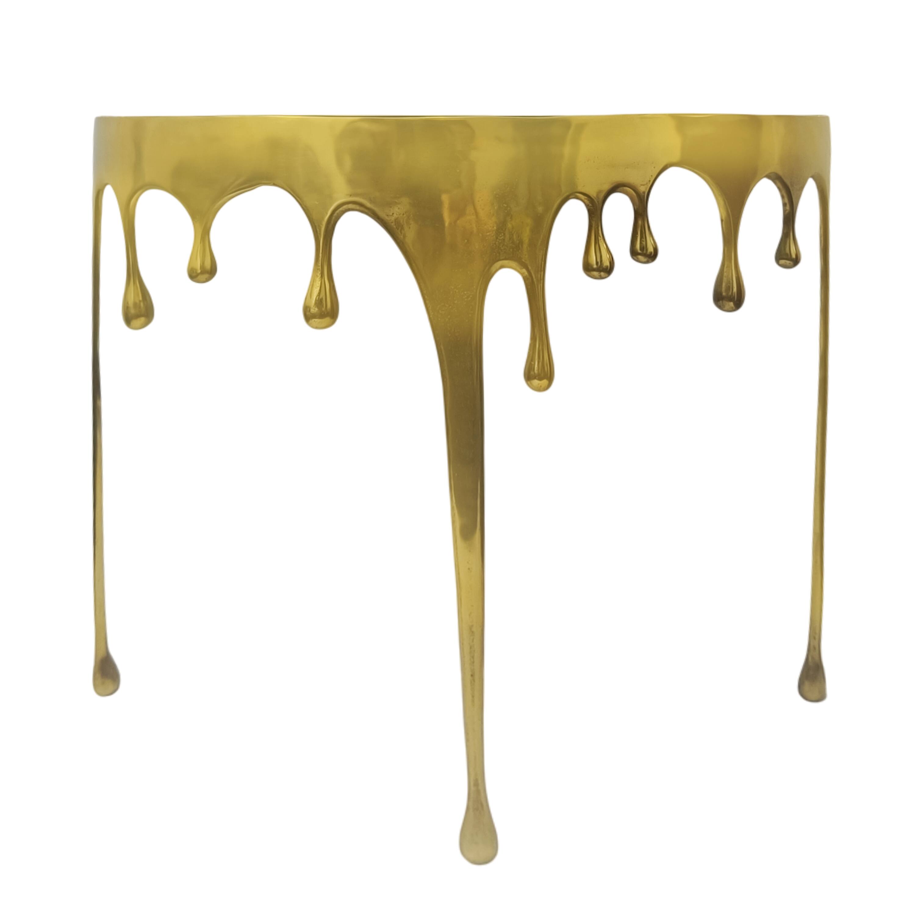 Alt View 1. Manhattan Lane - Capri Sofa Console Table | 36.25" Half Moon Glass Top | Melting Drip Design | Aluminum Cast - Gold, Black.