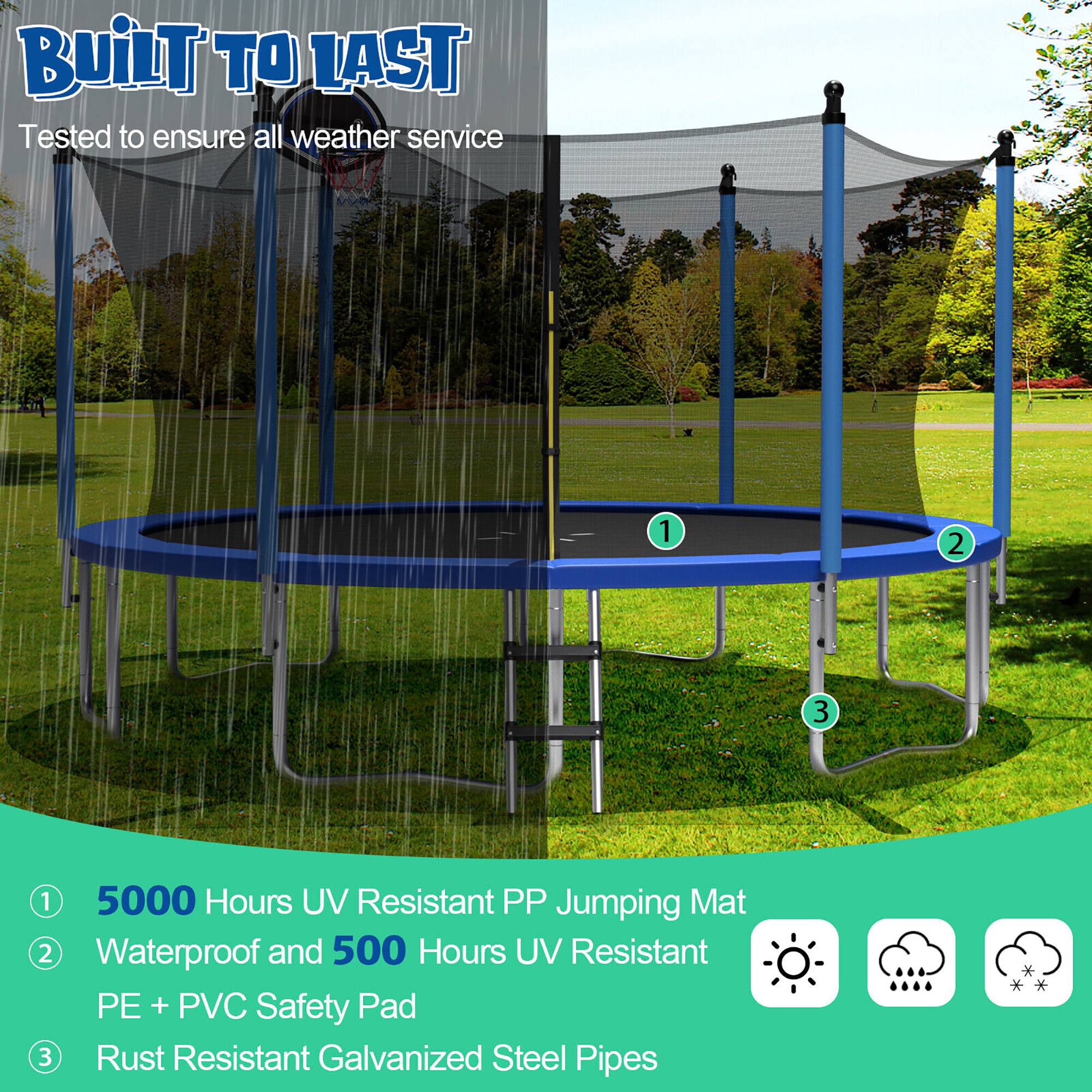 **Built to Last**  
Tested to ensure all weather service

1. **5000 Hours UV Resistant PP Jumping Mat**
2. **Waterproof and 500 Hours UV Resistant PE + PVC Safety Pad**
3. **Rust Resistant Galvanized Steel Pipes**