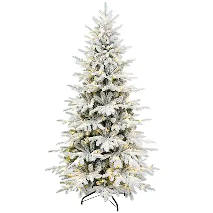 Front. Forest'nSky - 6 ft. Pre-Lit PE+PVC Flocked Artificial Christmas Tree with 1582 Tips and 300 Two-Color LED Lights - Green, White.