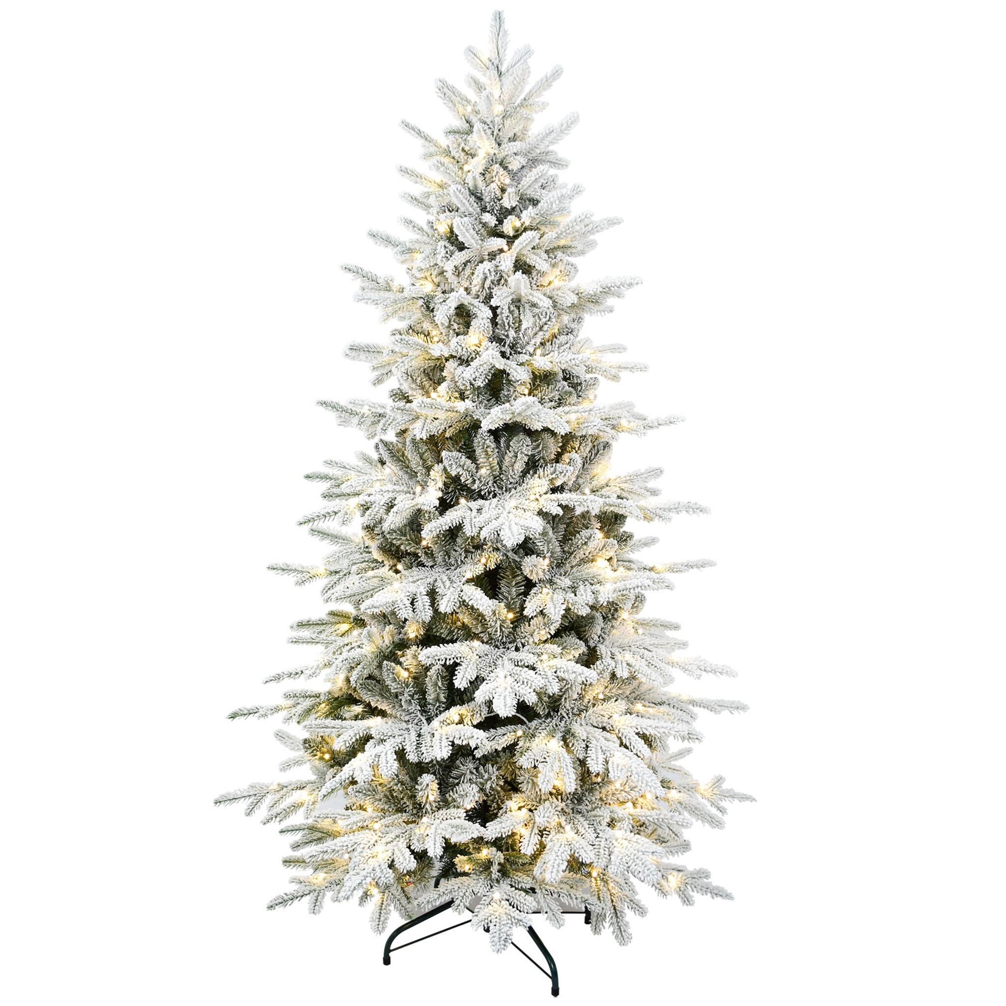 Front. Forest'nSky - 6 ft. Pre-Lit PE+PVC Flocked Artificial Christmas Tree with 1582 Tips and 300 Two-Color LED Lights - Green, White.