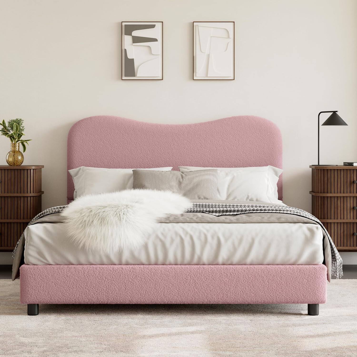 Alt View 2. GARVEE - Full Size Platform Bed Frame, Metal Frame, Sherpa Upholstered, No Box Spring, Pink - Pink Full.