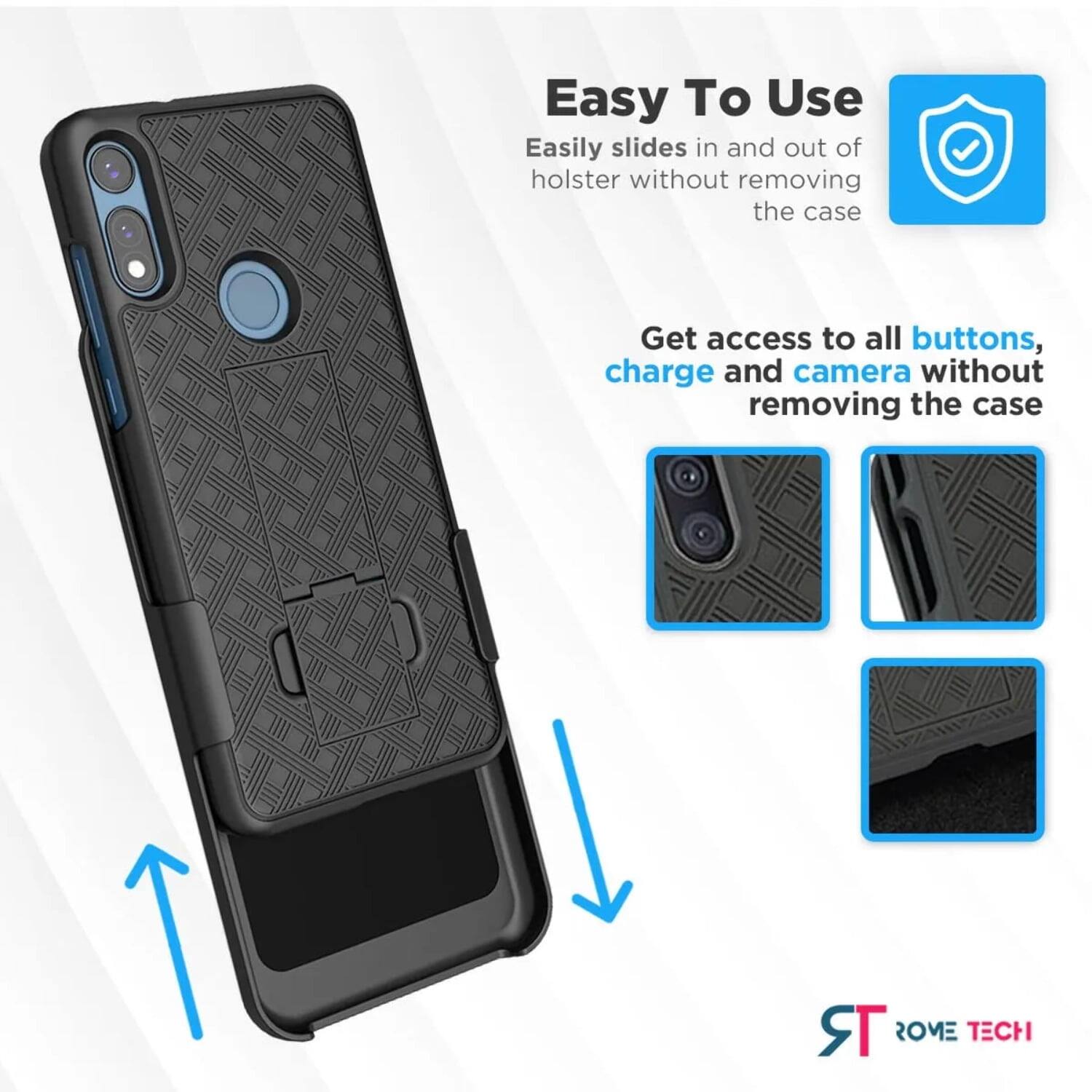 Easy To Use  
Easily slides in and out of holster without removing the case  

Get access to all buttons, charge and camera without removing the case  

TR ROME TECH