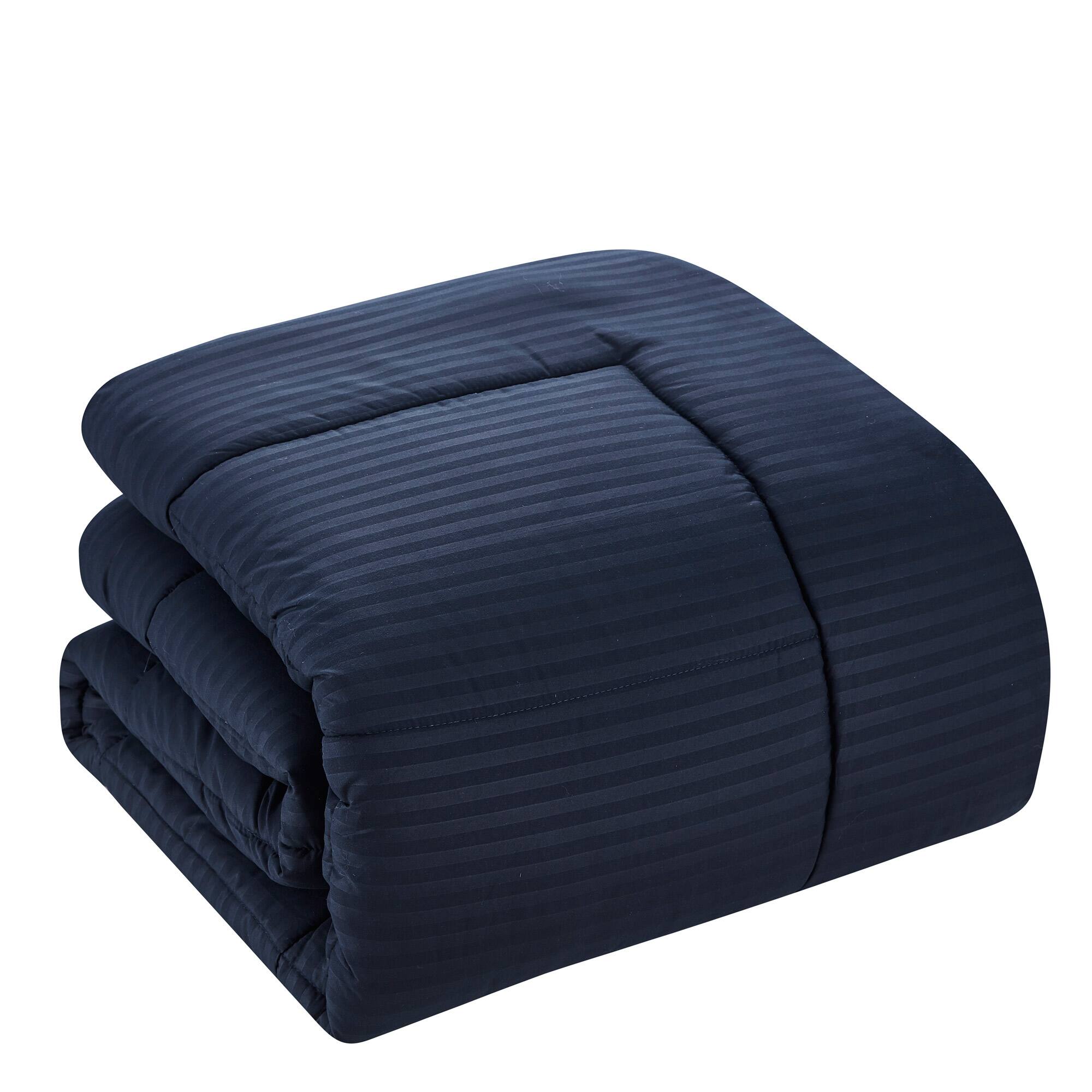 Left. Sweet Home Collection - 8 Piece Embossed Dobby Stripe Bed in a Bag All Season Complete Set with Sheets - Queen - Navy.