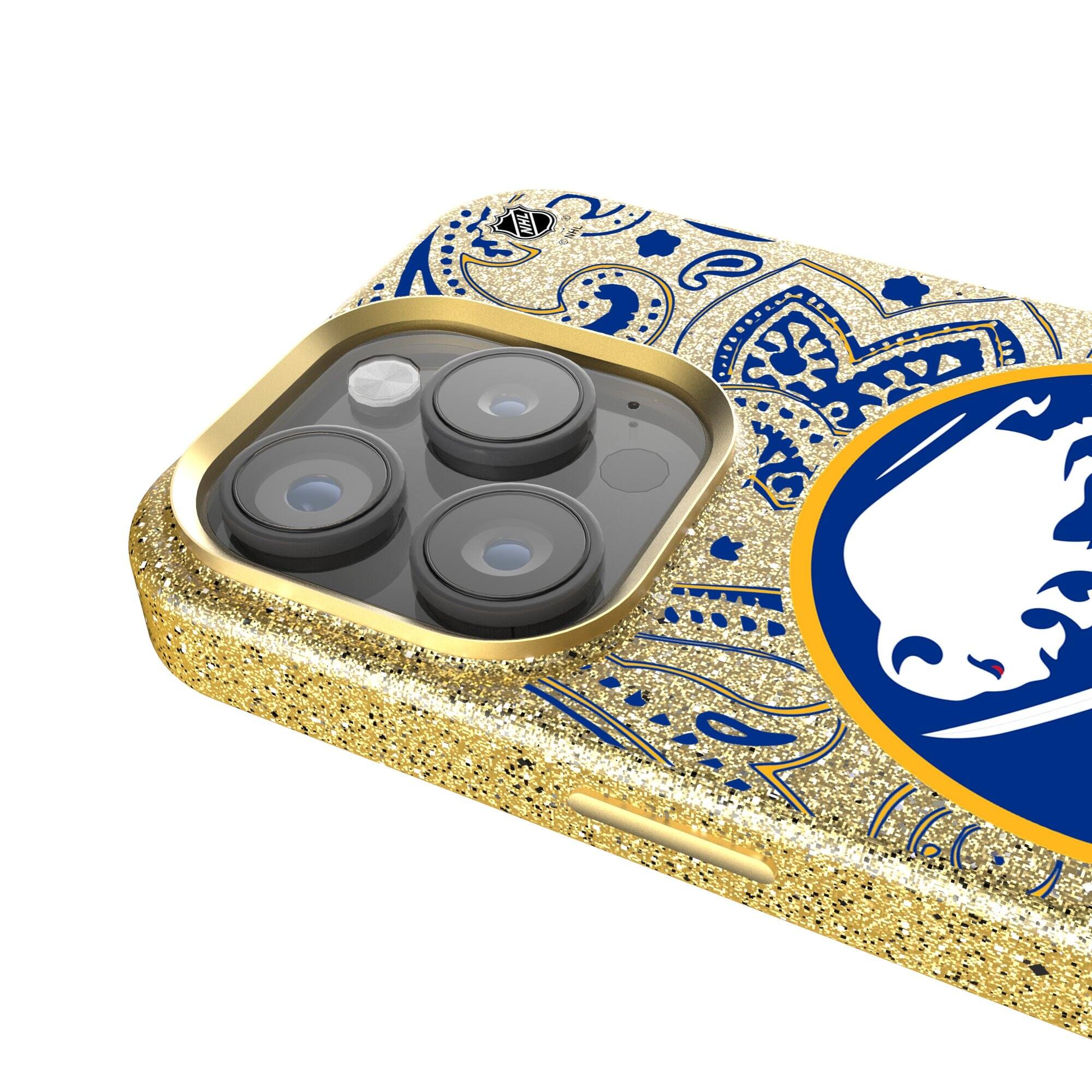 Alt View 3. Keyscaper - Gold Buffalo Sabres Paisley Bling iPhone Case - 14 Pro Max - Gold.