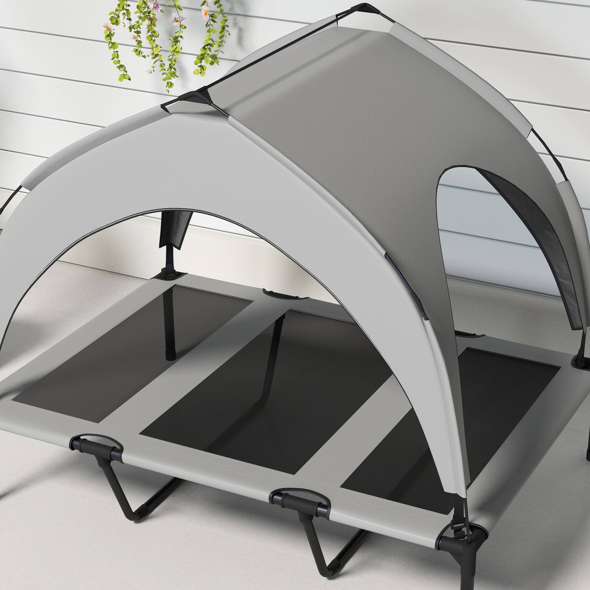 Alt View 7. Pawhut - Dog Bed with Canopy, Raised Outdoor Pet Bed for Camping with Washable Breathable Mesh - Light Gray.