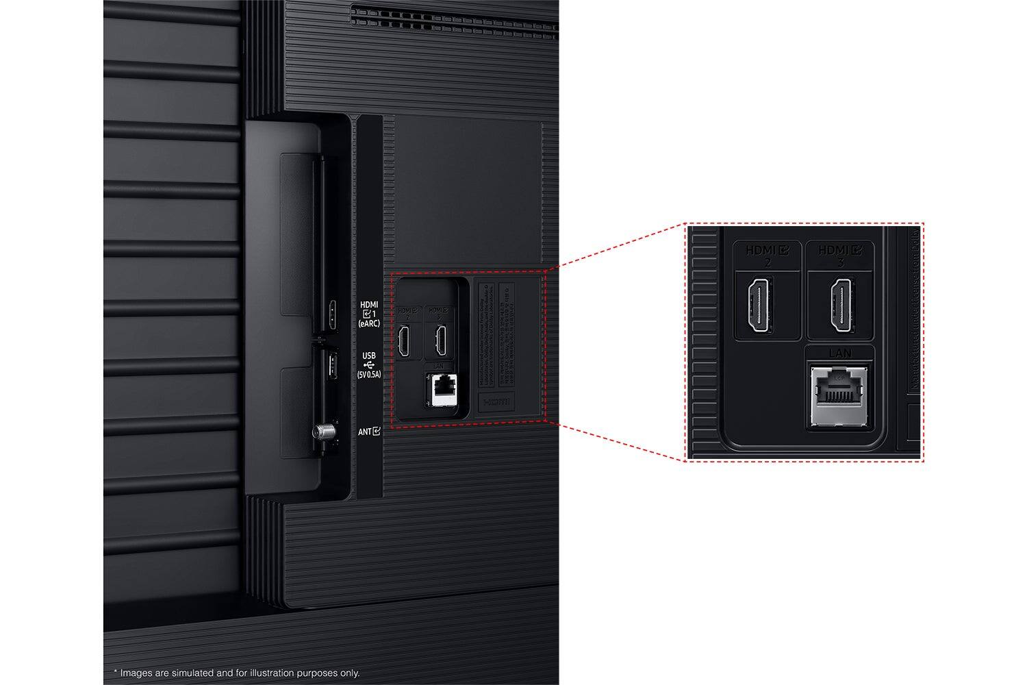The text on the image reads:

"HDMI C1 (eARC) USB (5V/5A) FOM / I HOME I AN i | HOmI HDMI 2 D HDMI 5 I LAN DILLI inderlicensetmbdt unEo LOE cturad mmg ANT E Images are simulated and for illustration purposes only."

This text seems to be describing the features and specifications of a device, possibly a TV or a gaming console, with multiple HDMI ports and a USB port. The text also mentions eARC, which stands for Enhanced Audio Return Channel, a feature that allows for high-quality audio to be sent from a TV to a soundbar or other audio devices.