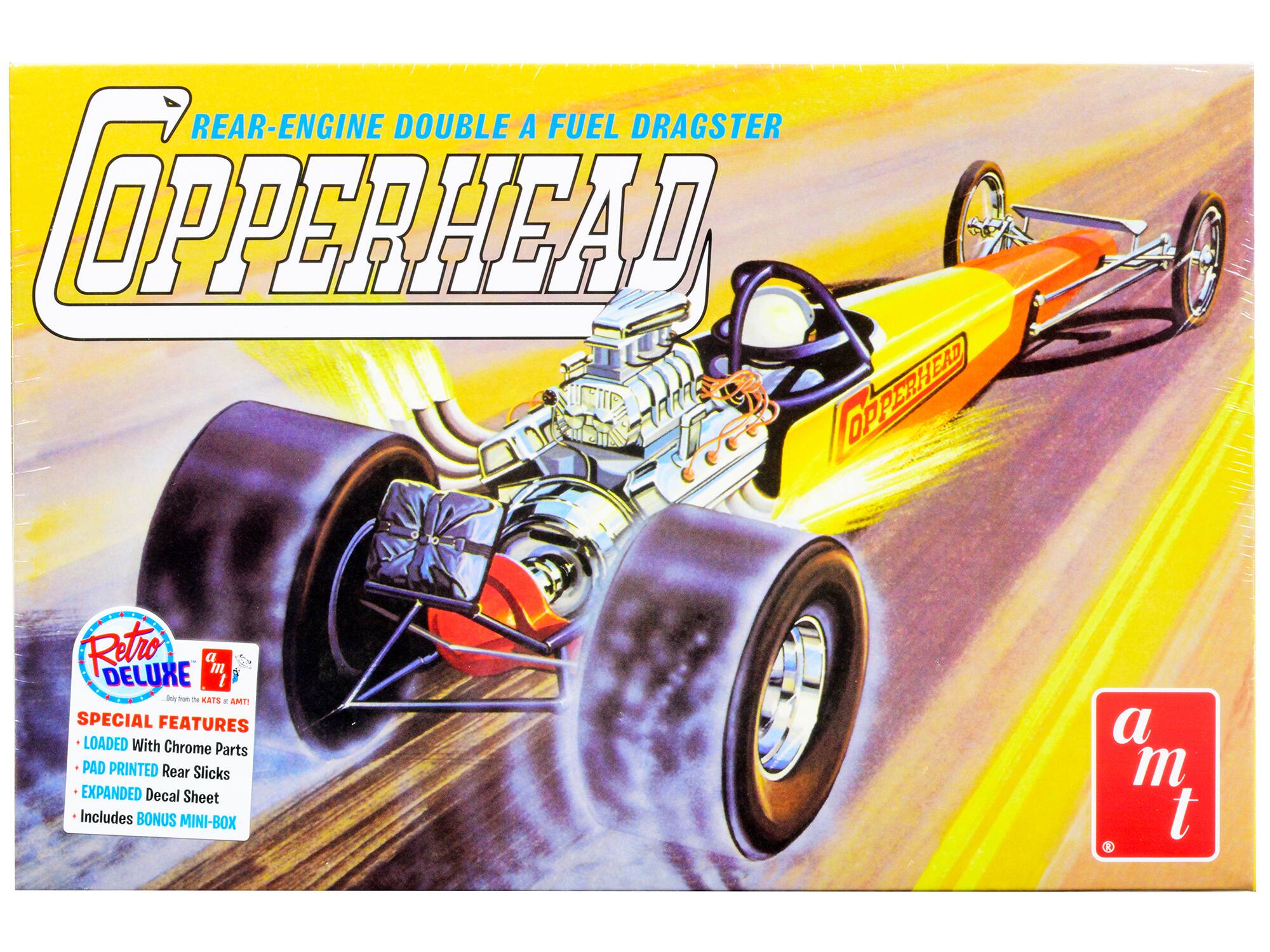REAR-ENGINE DOUBLE A FUEL DRAGSTER COPPERHEAD

Retro DELUXE

SPECIAL FEATURES
- LOADED With Chrome Parts
- PAD PRINTED Rear Slicks
- EXPANDED Decal Sheet
- Includes BONUS MINI-BOX

a m t