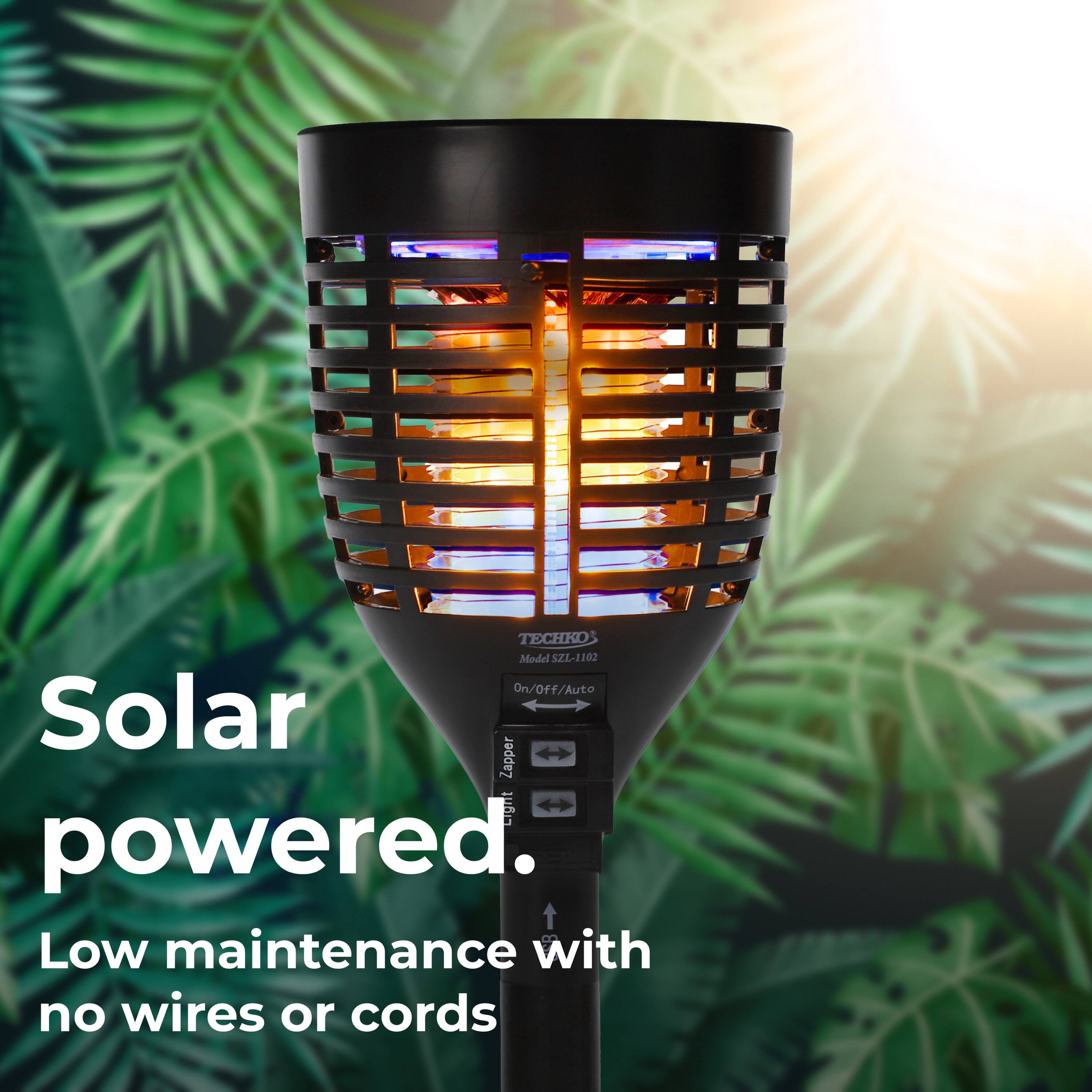 Solar powered. Low maintenance with no wires or cords. TECHKO Model SZL-1102 On/Off/Auto Zapper Lignt