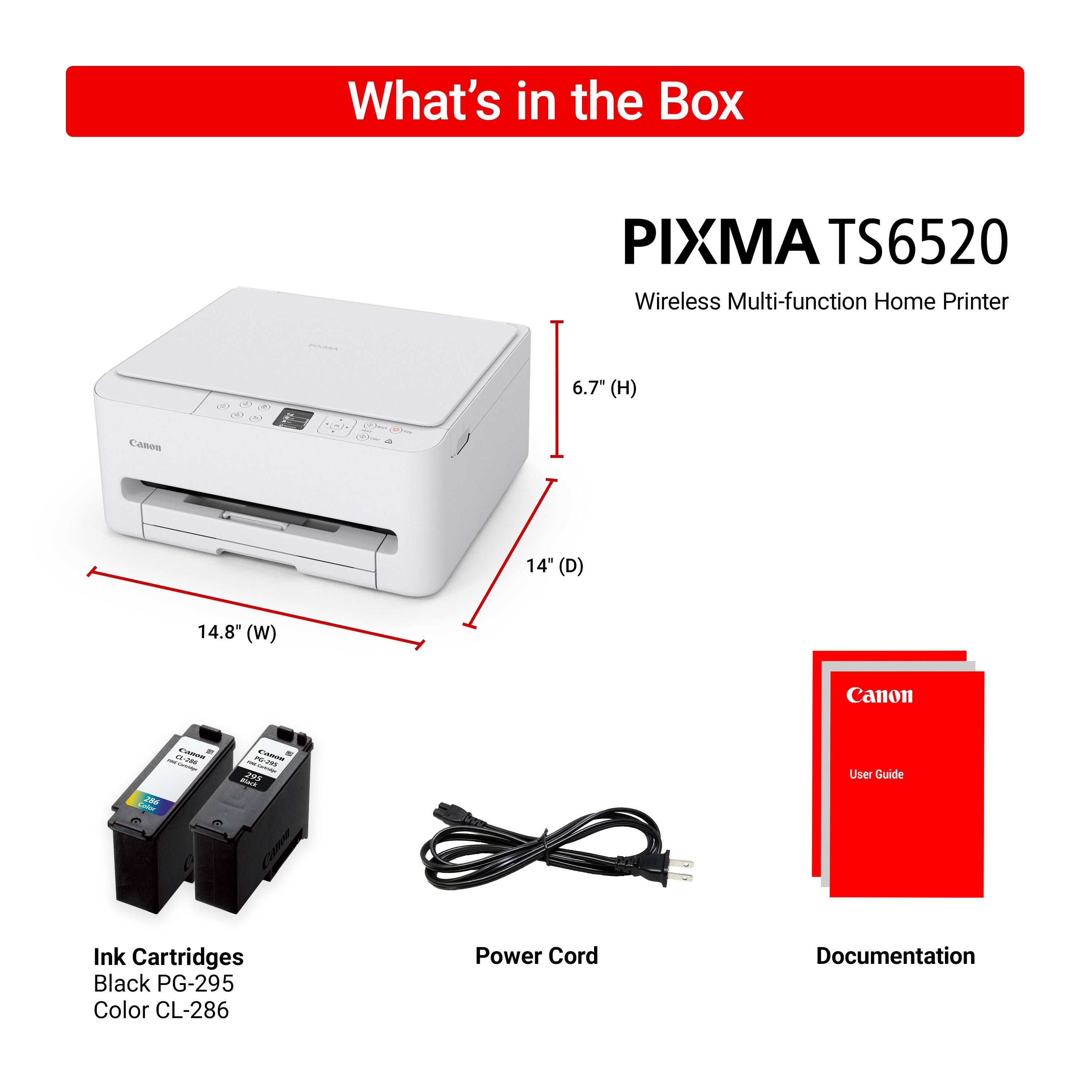 What's in the Box

PIXMA TS6520  
Wireless Multi-function Home Printer

- Ink Cartridges  
  Black PG-295  
  Color CL-286

- Power Cord

- Documentation

- User Guide