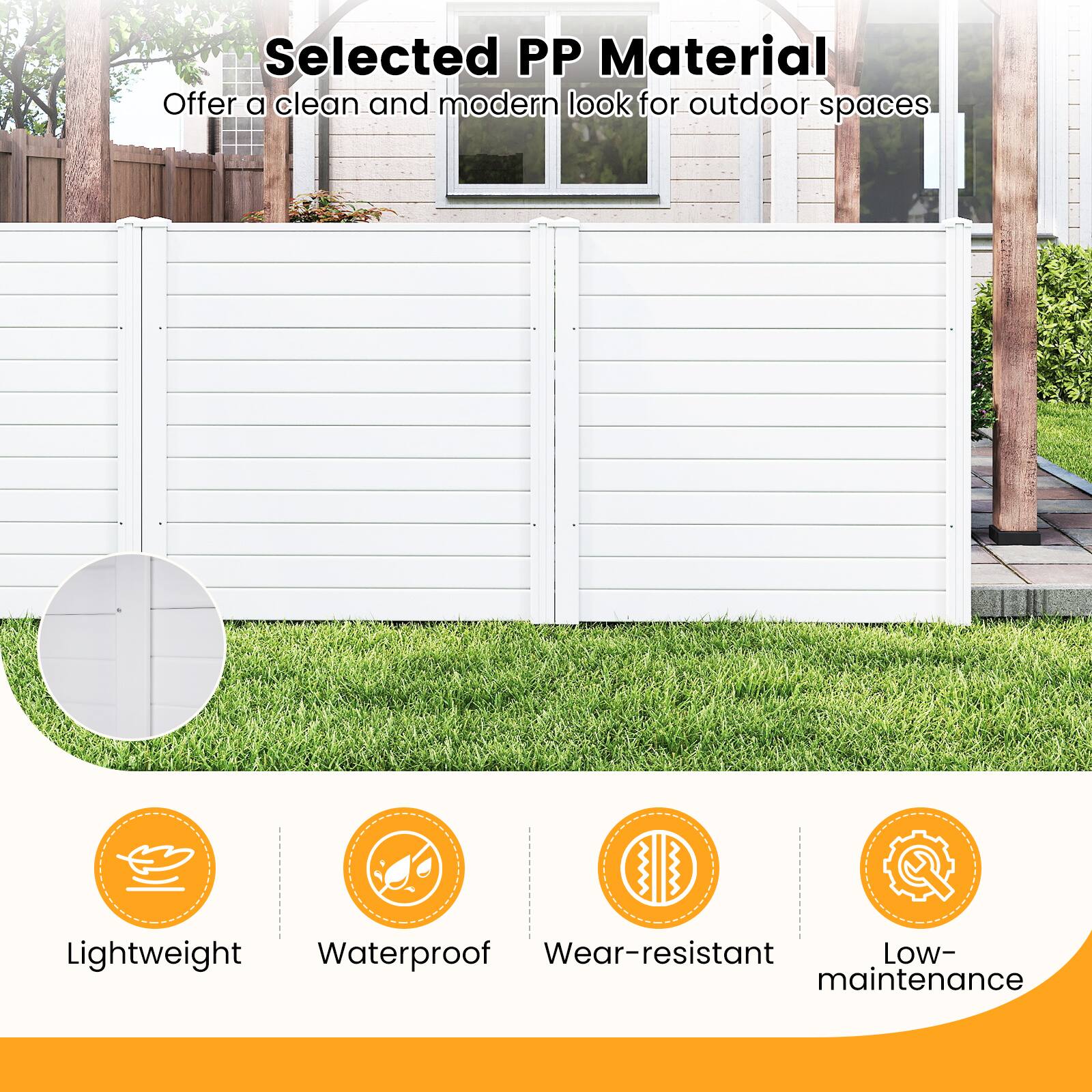 Selected PP Material  
Offer a clean and modern look for outdoor spaces  

- Lightweight  
- Waterproof  
- Wear-resistant  
- Low-maintenance