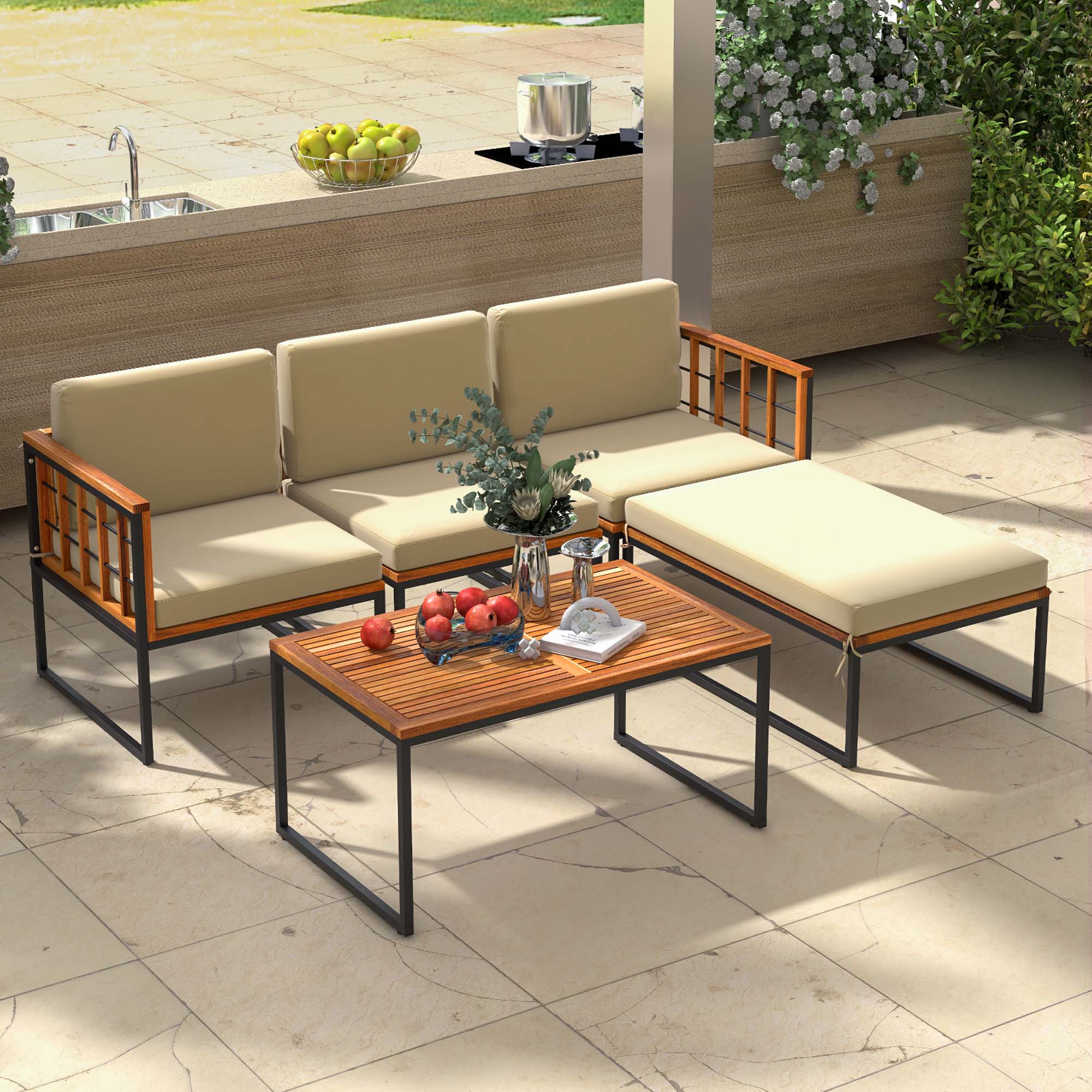 Alt View 1. Costway - 5 PCS Patio Furniture Set Acacia Wood Sectional Set with Seat & Back Cushions - Black + Natural + Beige.