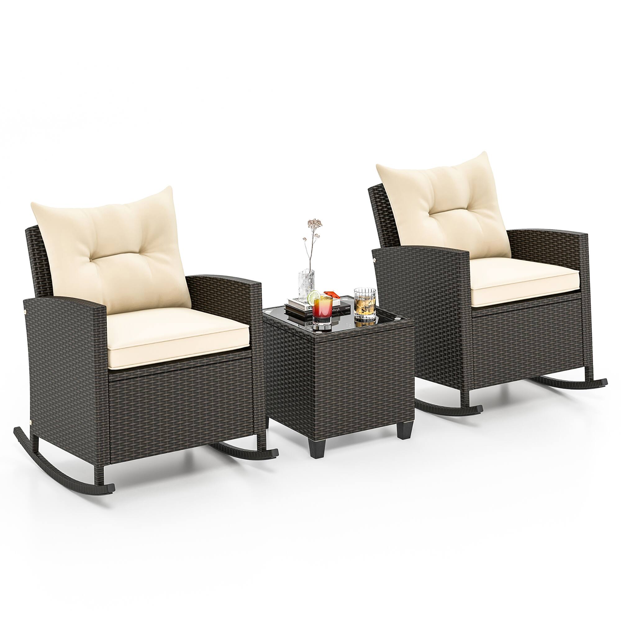 Alt View 9. Gymax - Gymax 3 Piece Outdoor Rocking Set Rattan Rocking Chair Set w/ Tempered Glass Table Seat - Beige, Mix Brown.