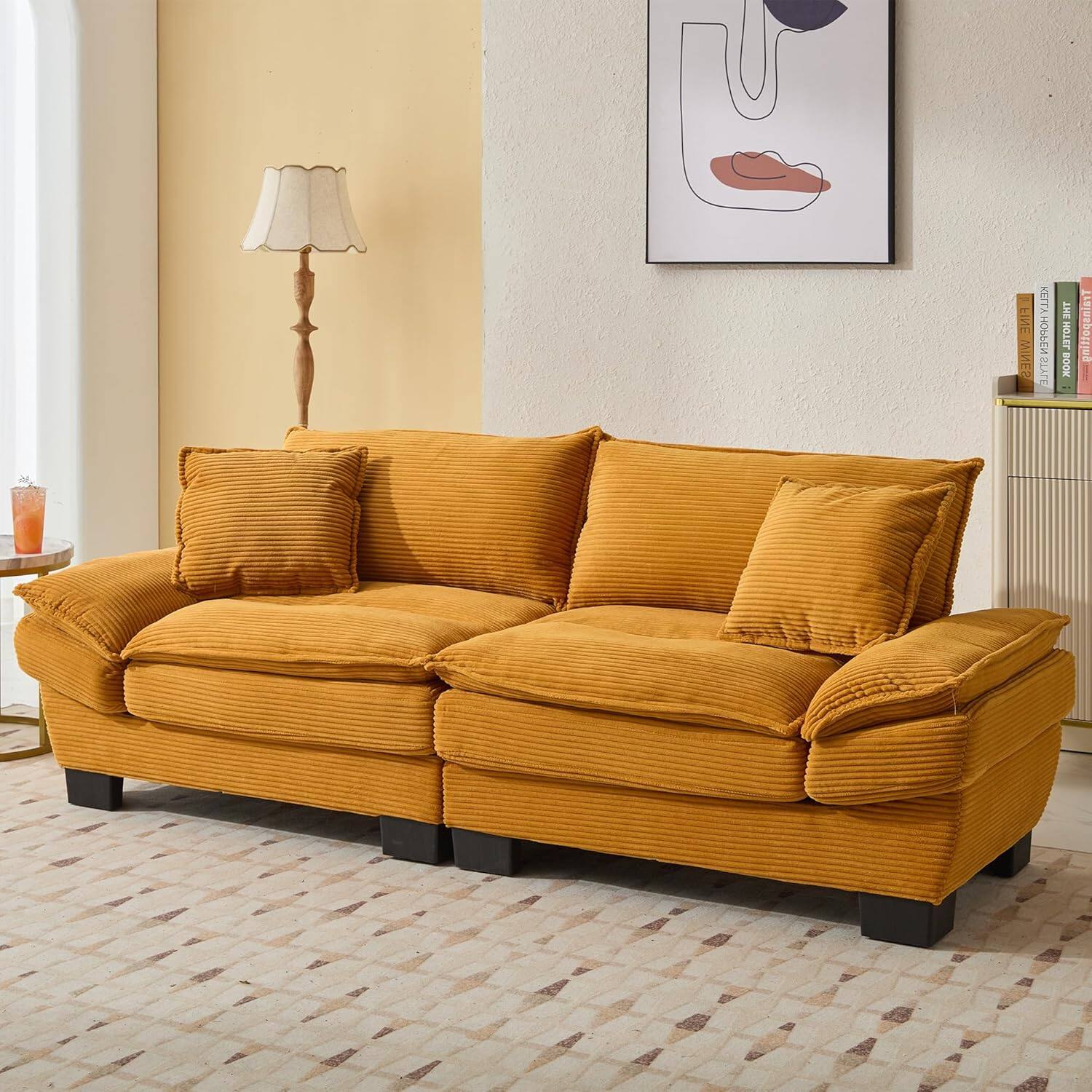 Trinkets Crazed - 84" Cloud Corduroy Loveseat Sofa, Modern Comfy Upholstered 2 Seater Sofa Deep Seat Sofa with 2 Throw Pillows - Yellow