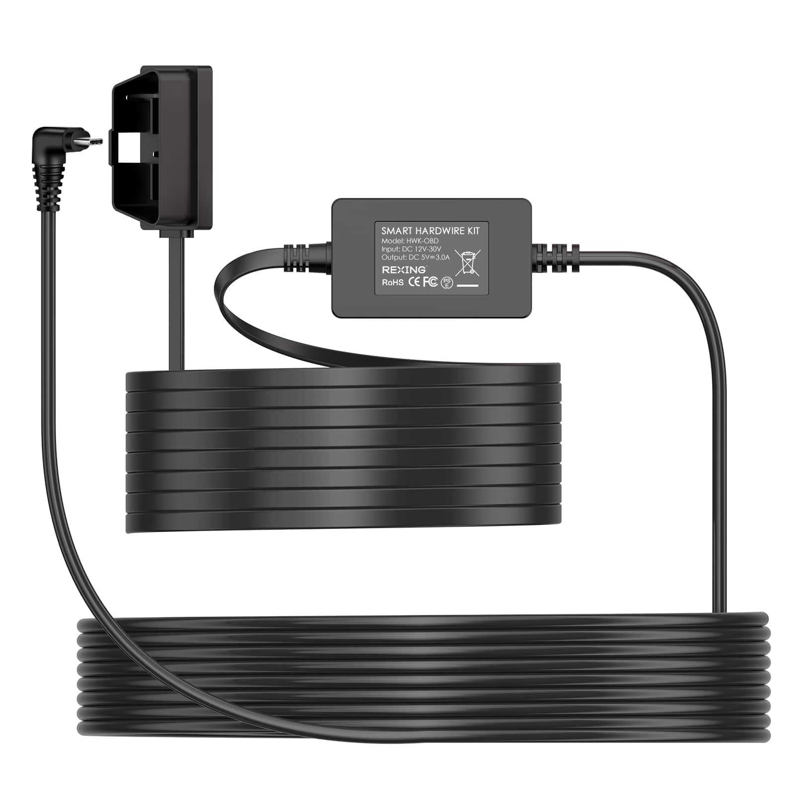 Rexing - Dash Cam Hardwire Kit with OBD Interface, Smart 24/7 Parking Mode, ACC Detection, Low Voltage Protection, 12V–30V - Black