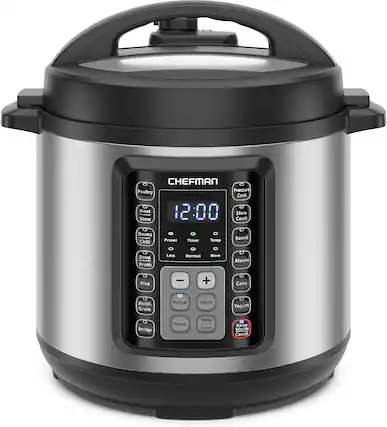 Close Open CHEFMAN Poultry Pressure Cook Meat 12:00 Slow Stew Cook Beans Chili Preset Timer Temp Saute Soup Broth Less Normal More Steam Rice - + Cake Multi- Grain Manual Adjust Yogurt Porridge Preset Temp Timer Keep Warm Cancel