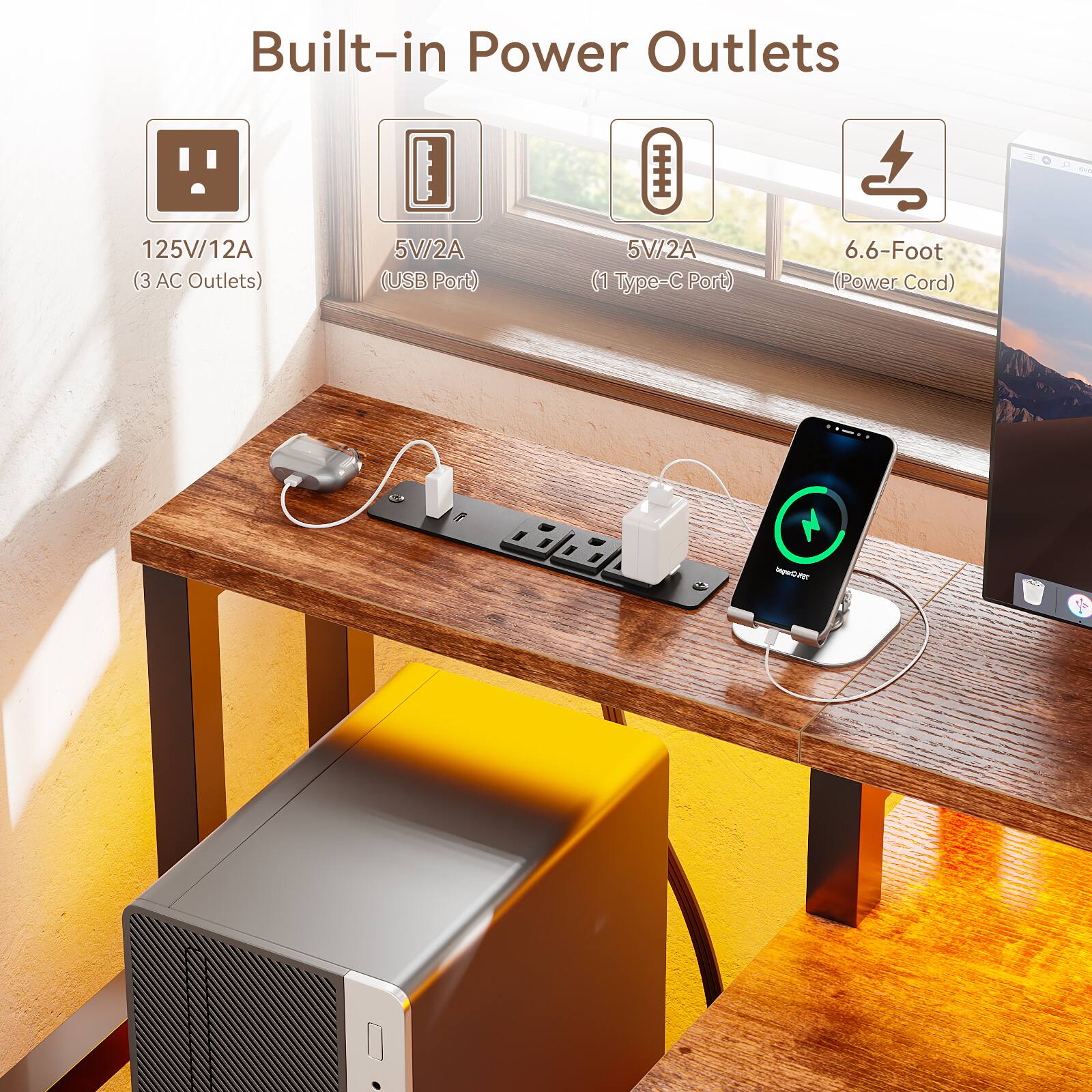 Built-in Power Outlets

125V/12A (3 AC Outlets)  
5V/2A (USB Port)  
5V/2A (1 Type-C Port)  
6.6-Foot (Power Cord)