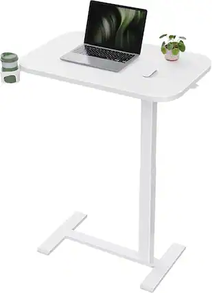 Front. Marsail - Overbed Table, Pneumatic Height Adjustable Rolling Bedside Table 26.8"-44.1" with 360° Hideable Cup Holder - White.