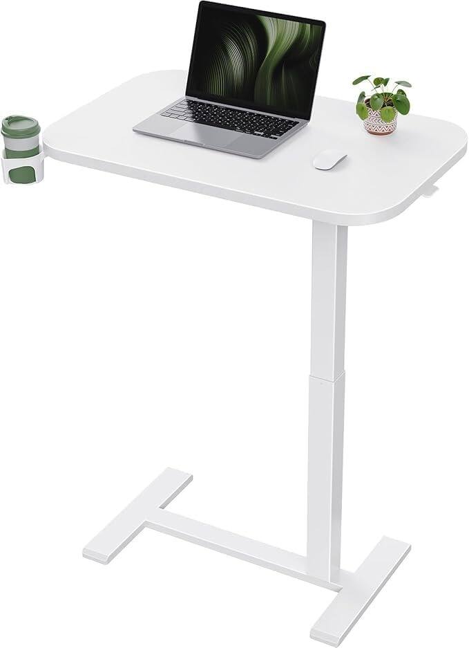 Front. Marsail - Overbed Table, Pneumatic Height Adjustable Rolling Bedside Table 26.8"-44.1" with 360° Hideable Cup Holder - White.